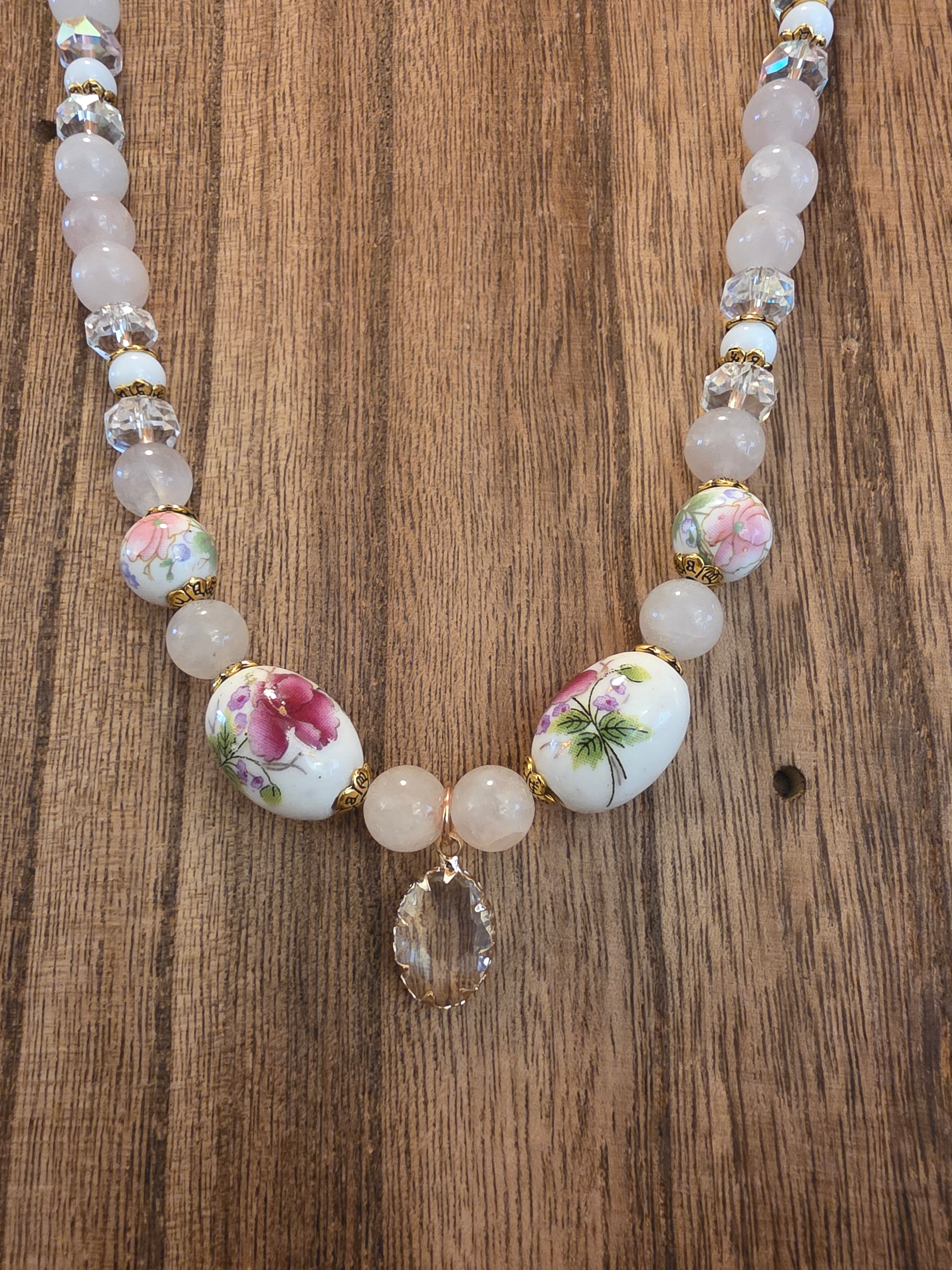 14k Gold Plated 19" Rose Quartz & Floral Porcelain Bead Necklace
