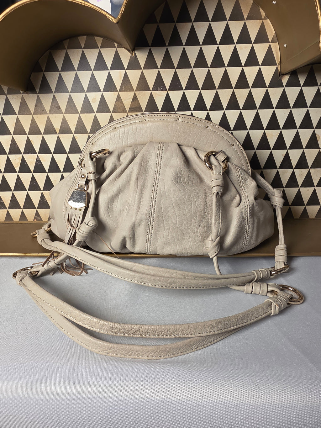 B. Makowsky Off White Leather Shoulder Bag Fringe Leopard