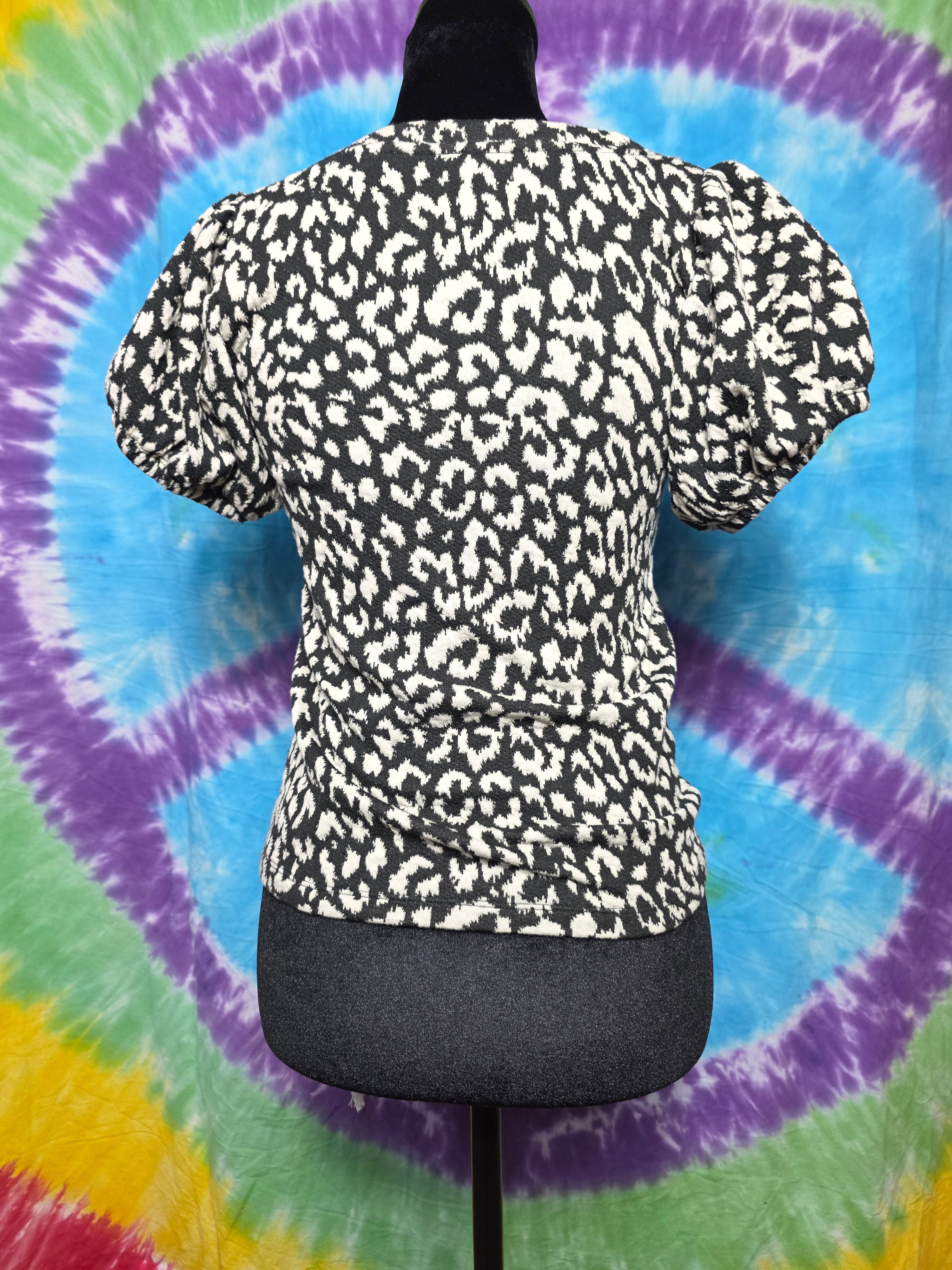 Free People Snow Leopard Puff Sleeve Knit Top XS