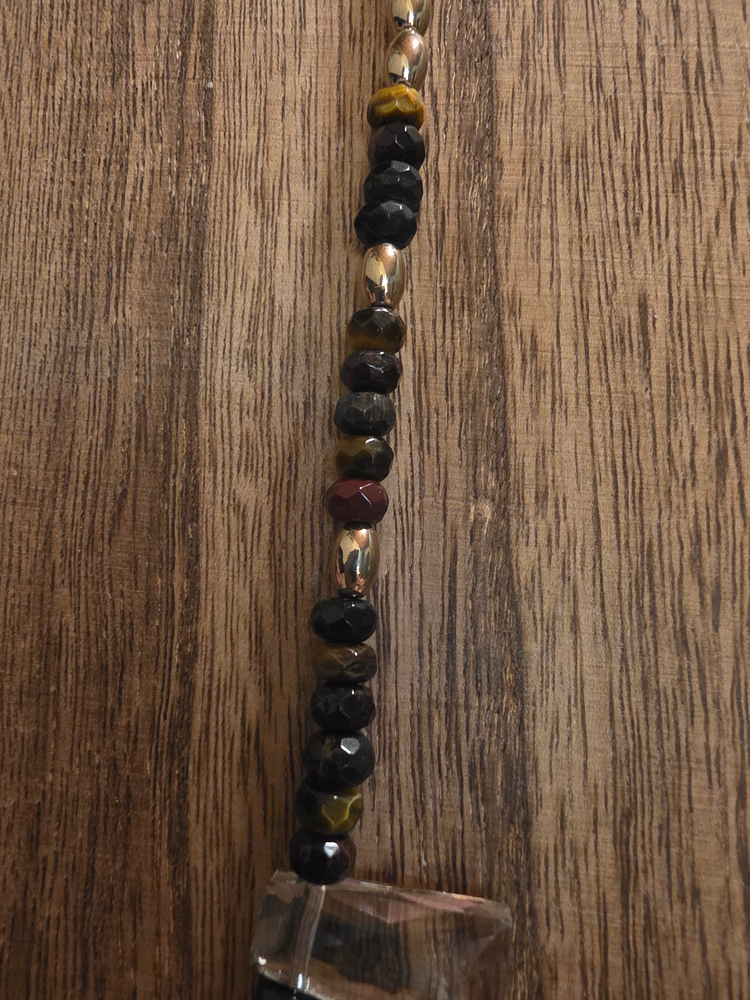 Tiger Eye & Crystal Fan Statement Necklace 20"-22" Boho