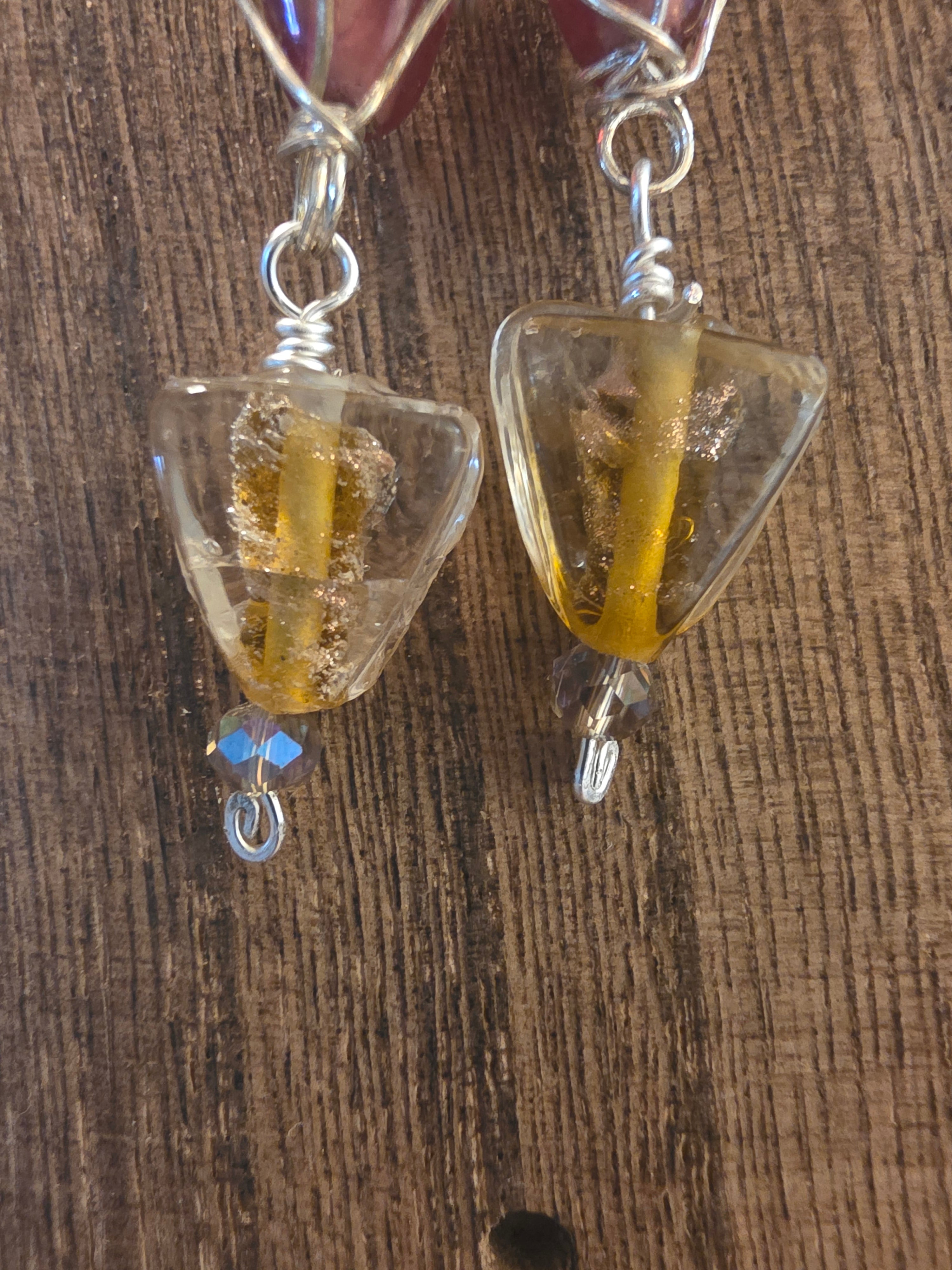 Vintage India Glass Wire Wrapped Statement Dangle Earrings