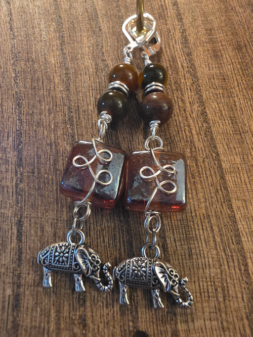 Boho Elephant Gemstone Dangle Earrings Wire Wrapped Glass
