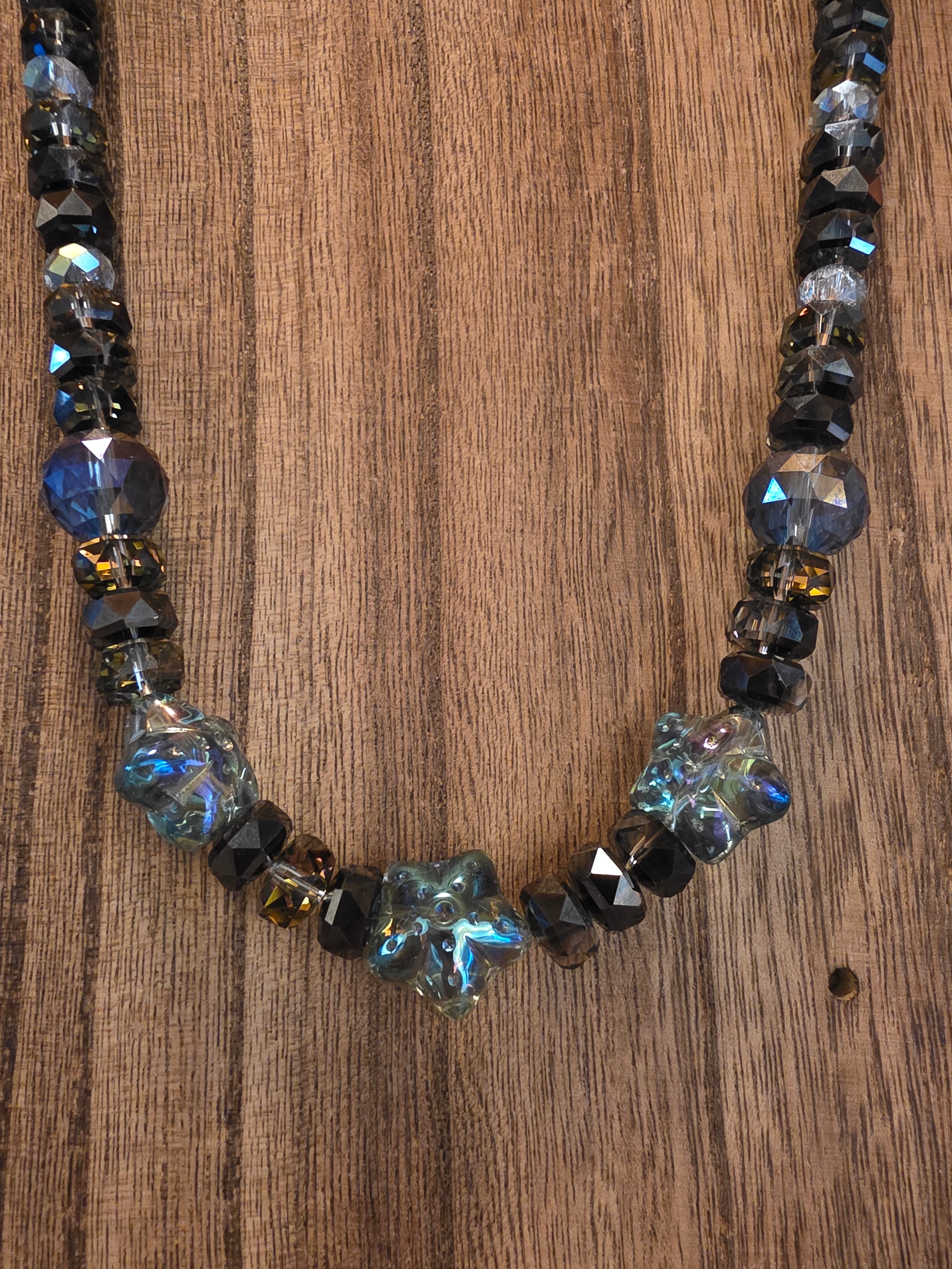 19" Smokey Grey Faceted Crystal Necklace Iridescent Star Beads