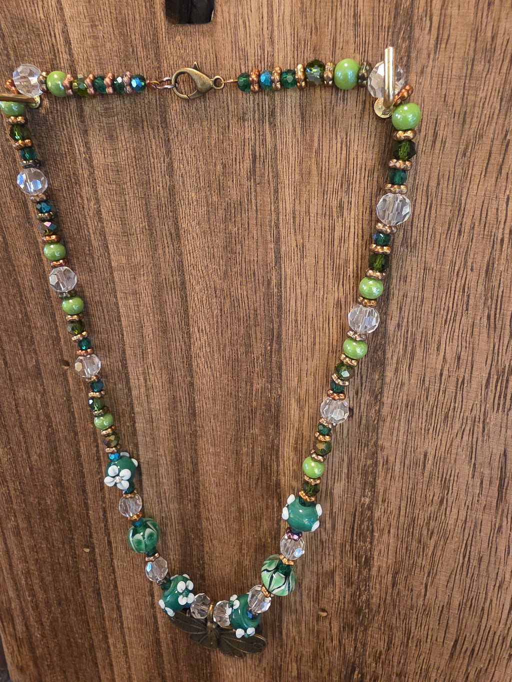 Green Lampwork Glass Moth Pendant Necklace 19" Czech Glass Floral