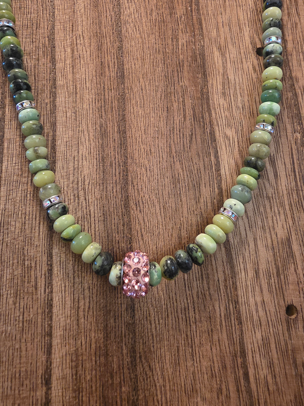 Vintage Green Opal Rondelle Necklace 18" Pink Crystal Statement