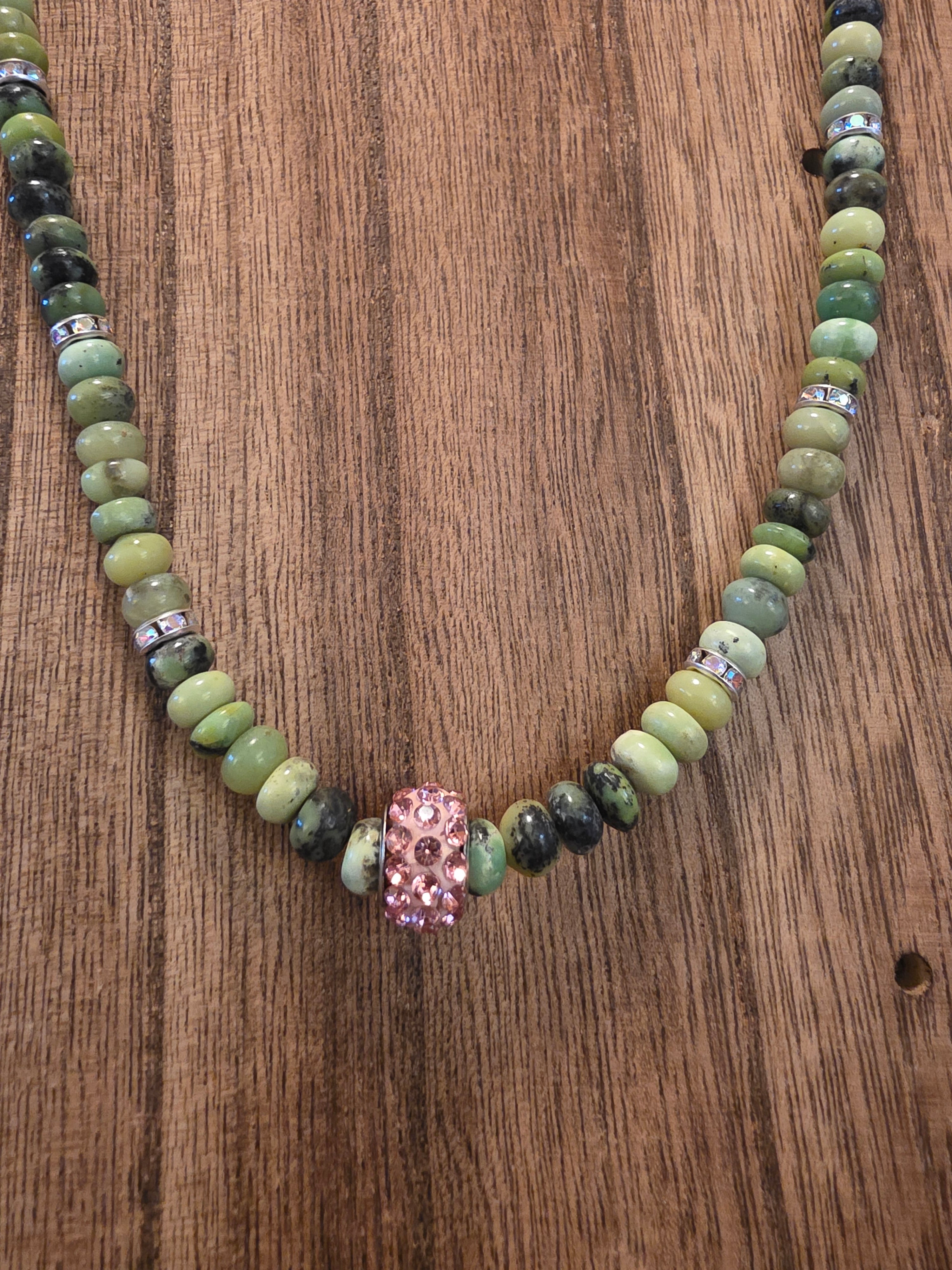 Vintage Green Opal Rondelle Necklace 18" Pink Crystal Statement