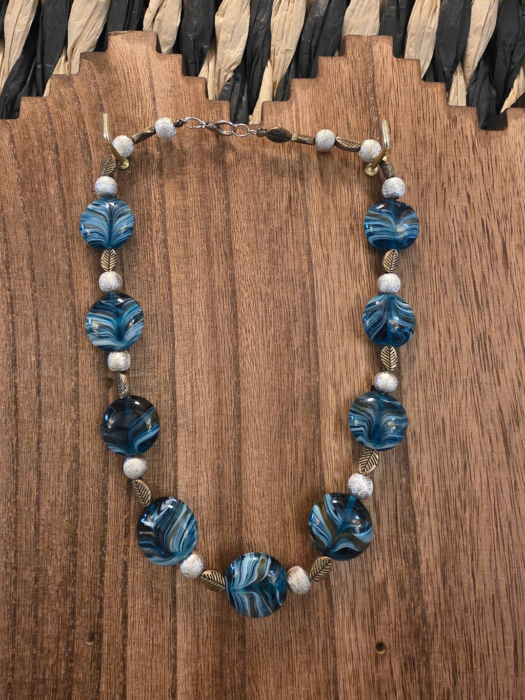 Blue Swirl Art Glass Beaded Necklace 18" Bronze Leaf Accents