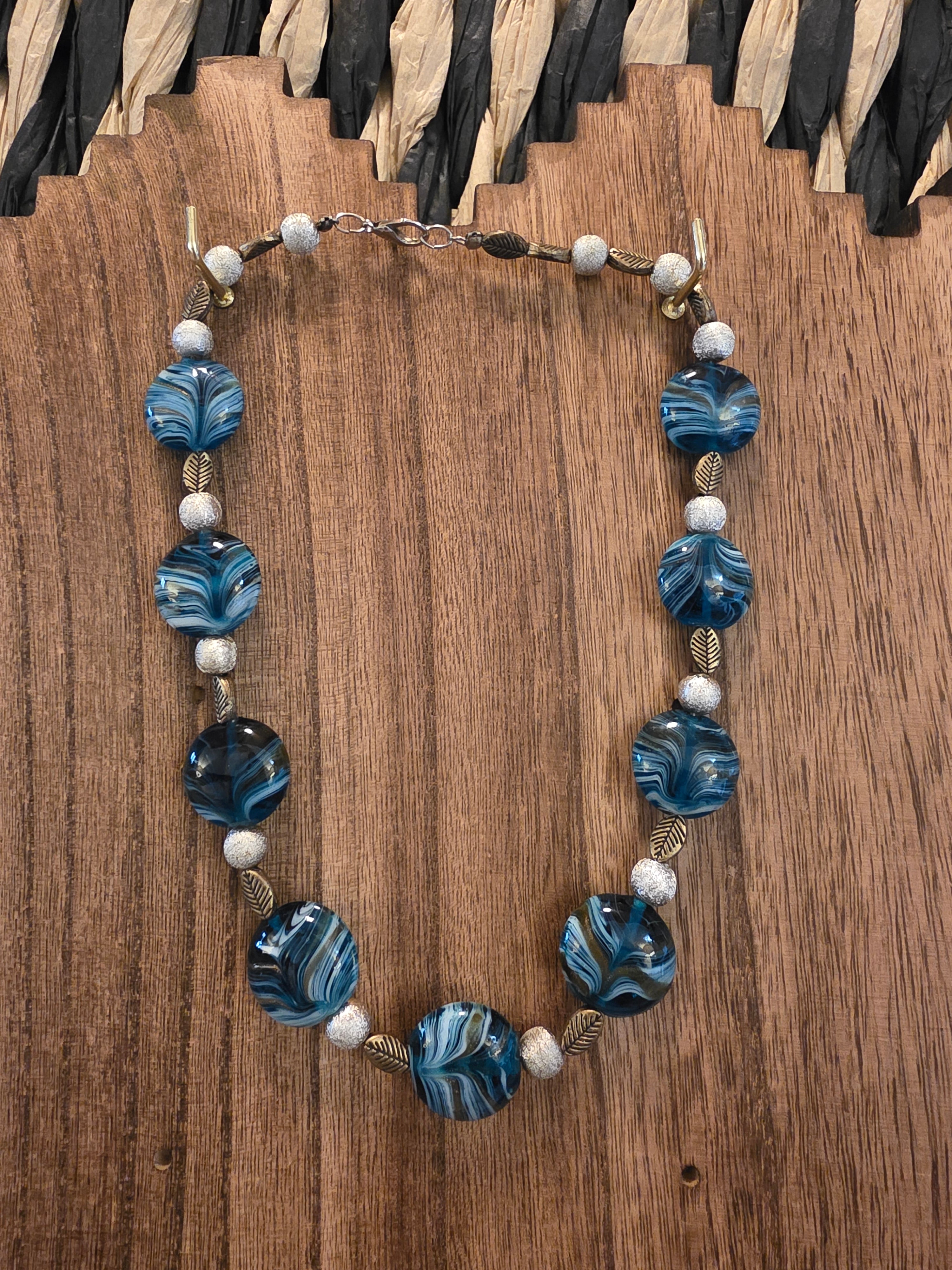 Blue Swirl Art Glass Beaded Necklace 18" Bronze Leaf Accents