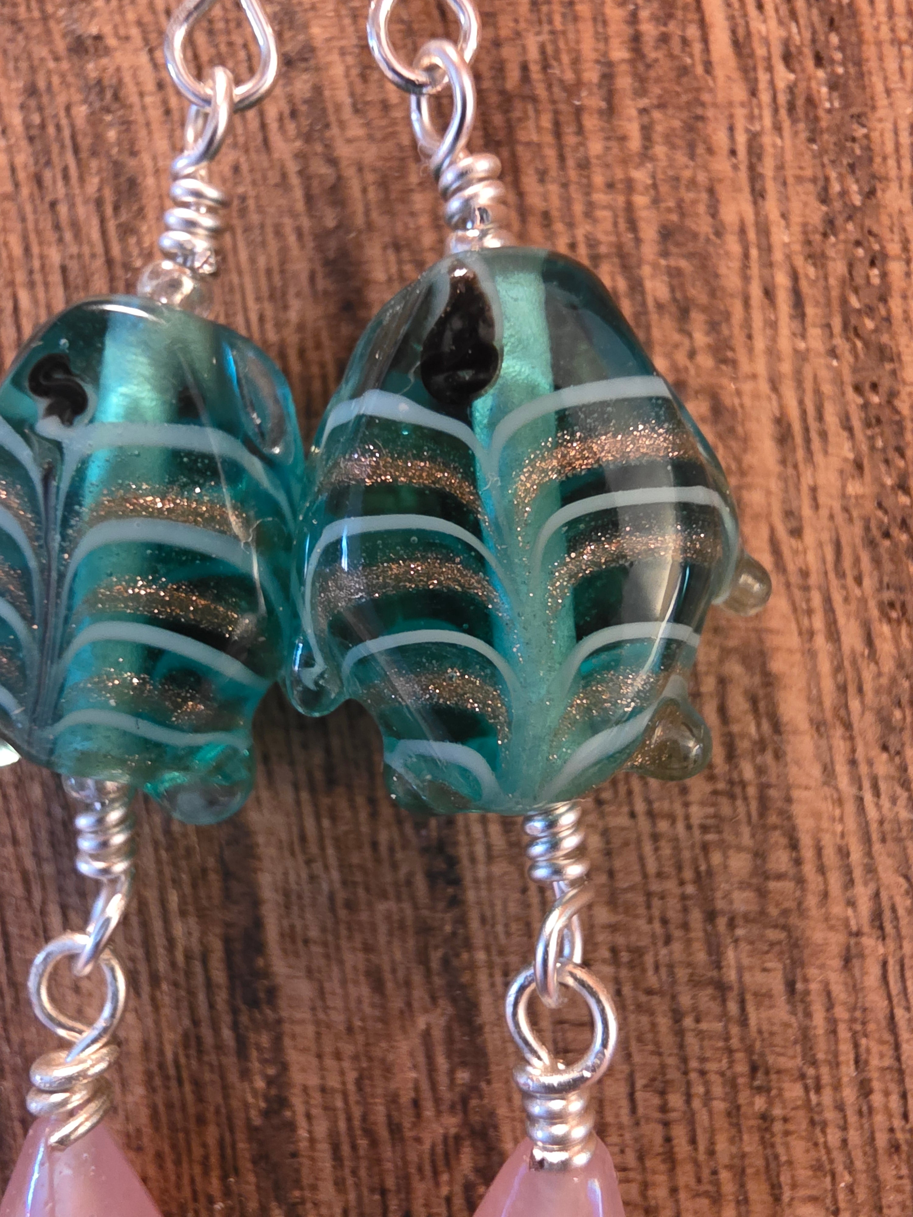 Vintage Artisan Glass Fish & India Glass Pink Bead Earrings