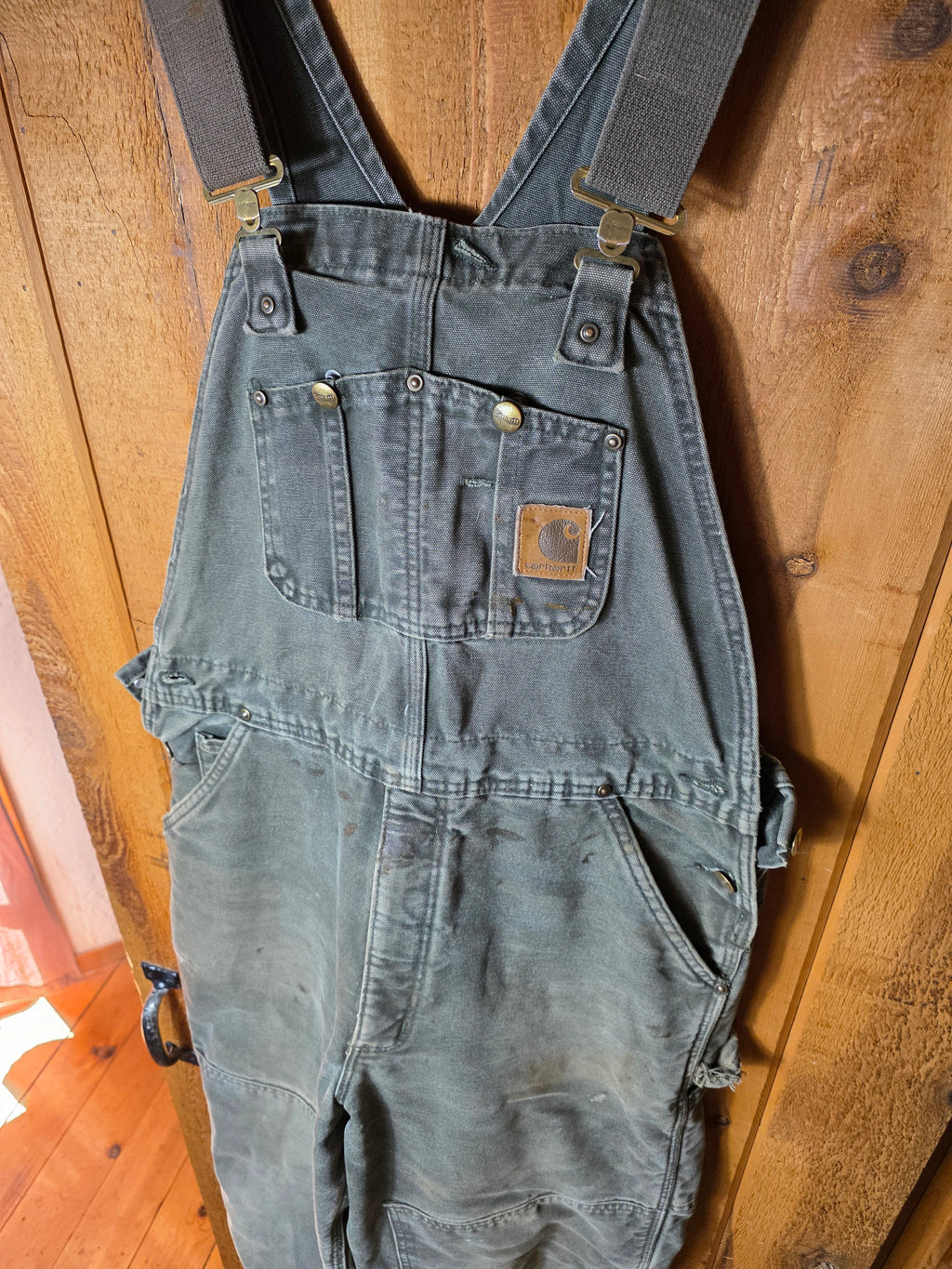 Vtg Carhartt Moss Green Double Knee Quilt Lined Bib Overalls