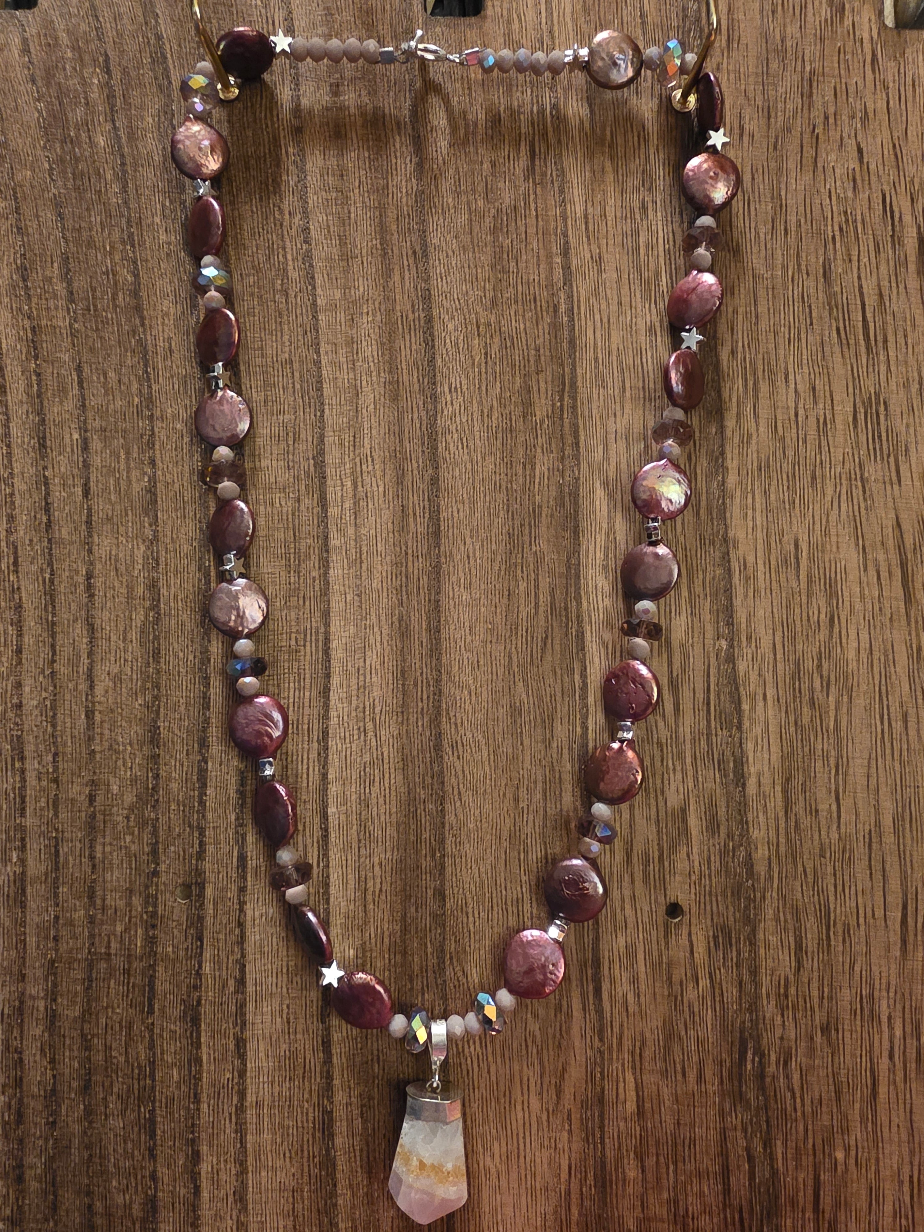 Artisan Mauve Coin Pearl & Quartz Crystal Necklace, 20"