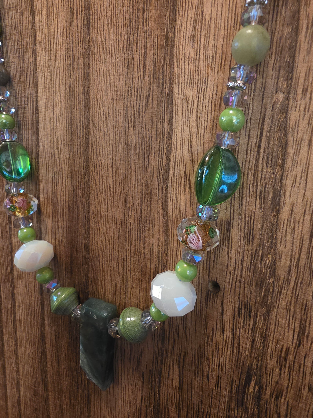 Moss Agate Slab Necklace Chinese Lampwork Roses & Jasper 21"