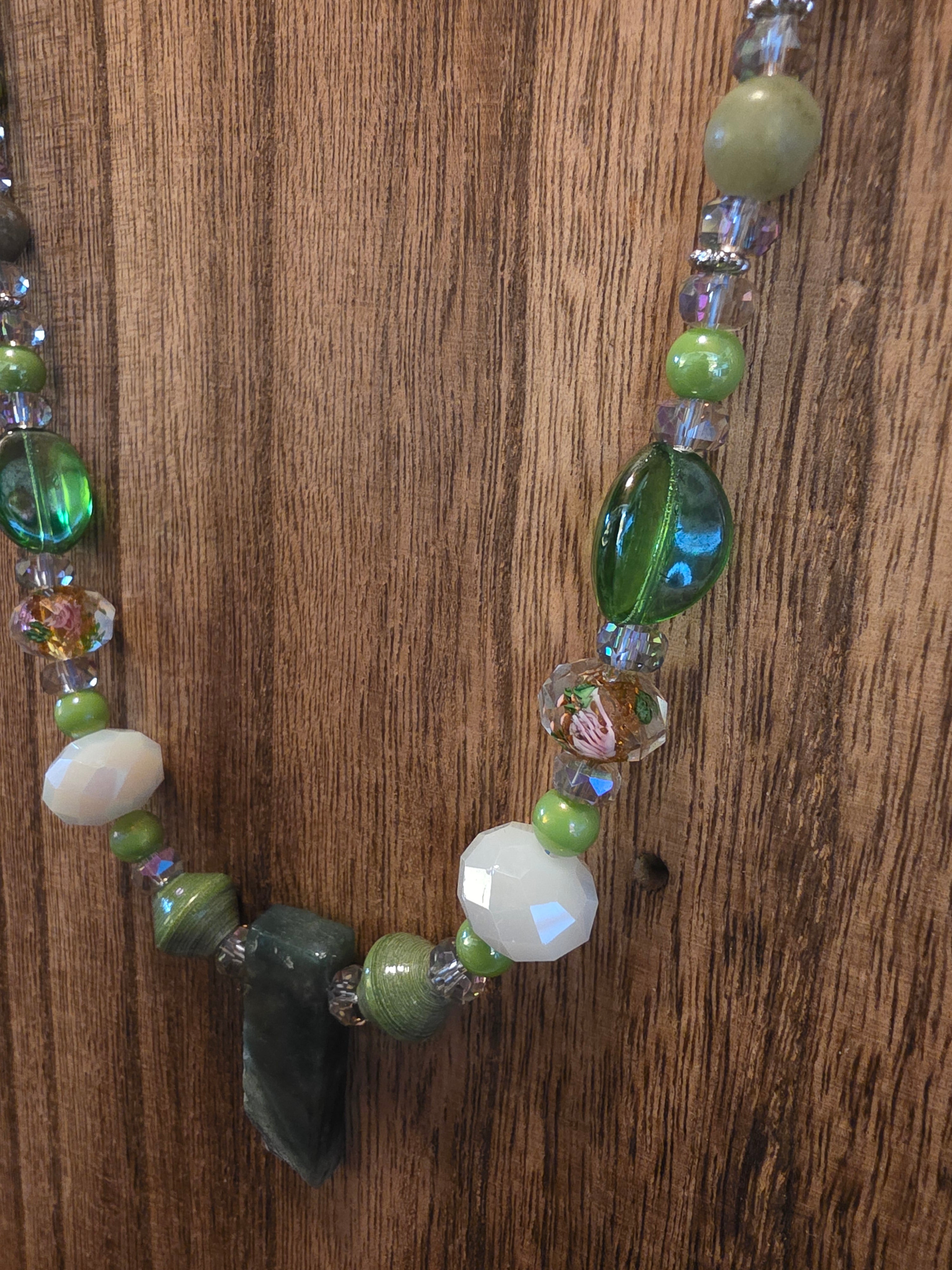 Moss Agate Slab Necklace Chinese Lampwork Roses & Jasper 21"