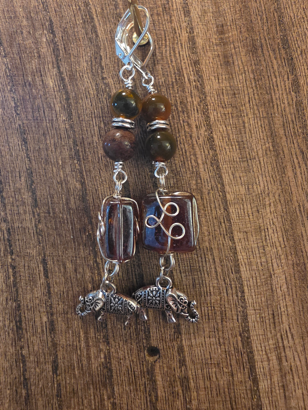 Boho Elephant Gemstone Dangle Earrings Wire Wrapped Glass