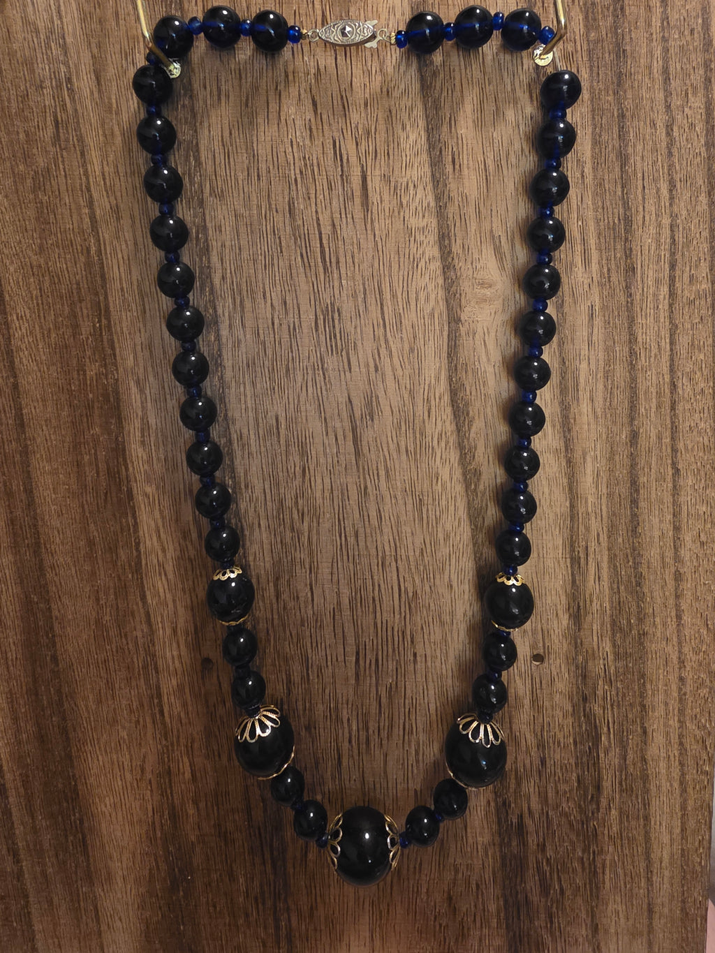 Vintage Cobalt Blue Glass Beaded Filigree Statement Necklace 23"