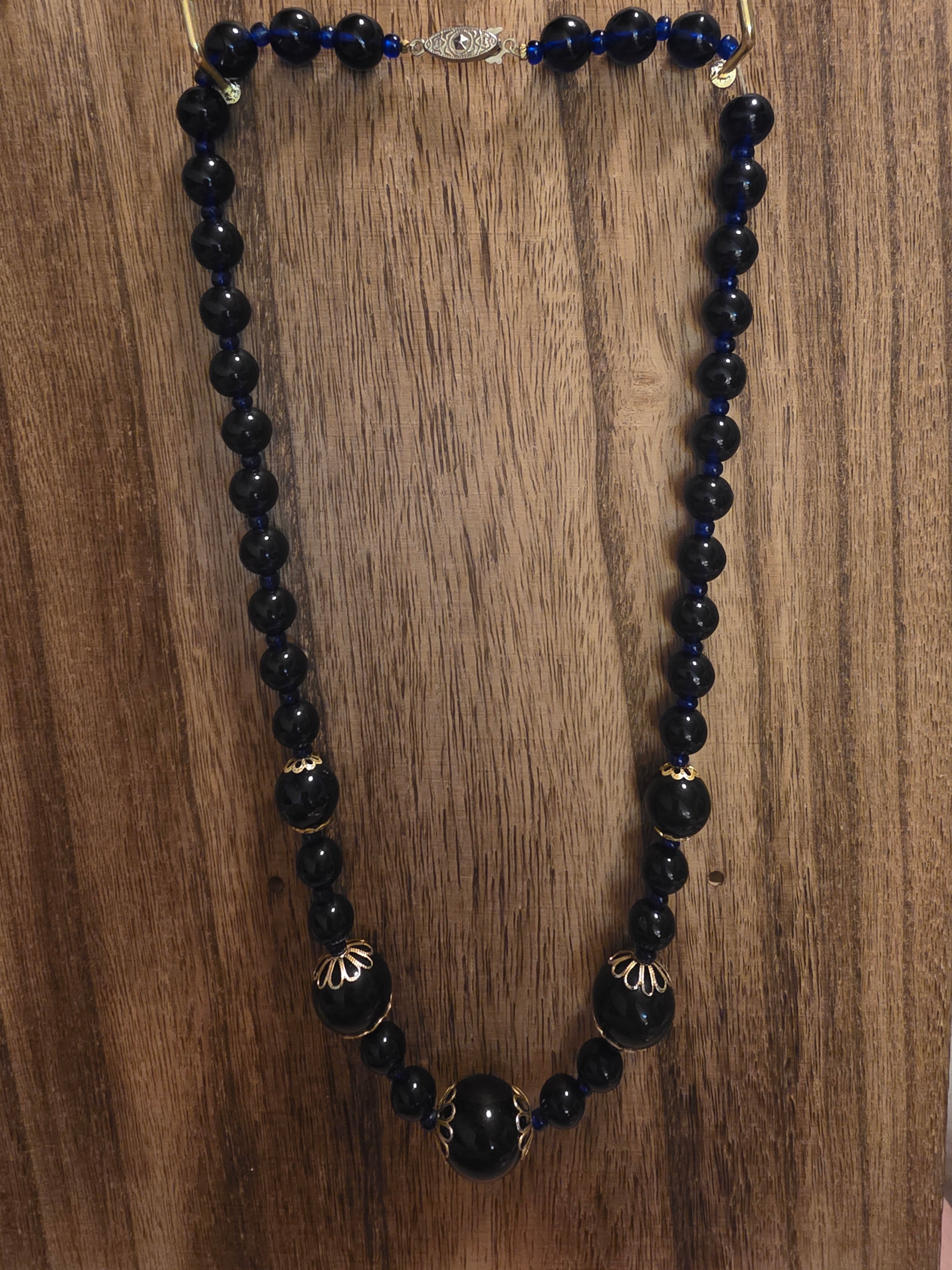 Vintage Cobalt Blue Glass Beaded Filigree Statement Necklace 23"