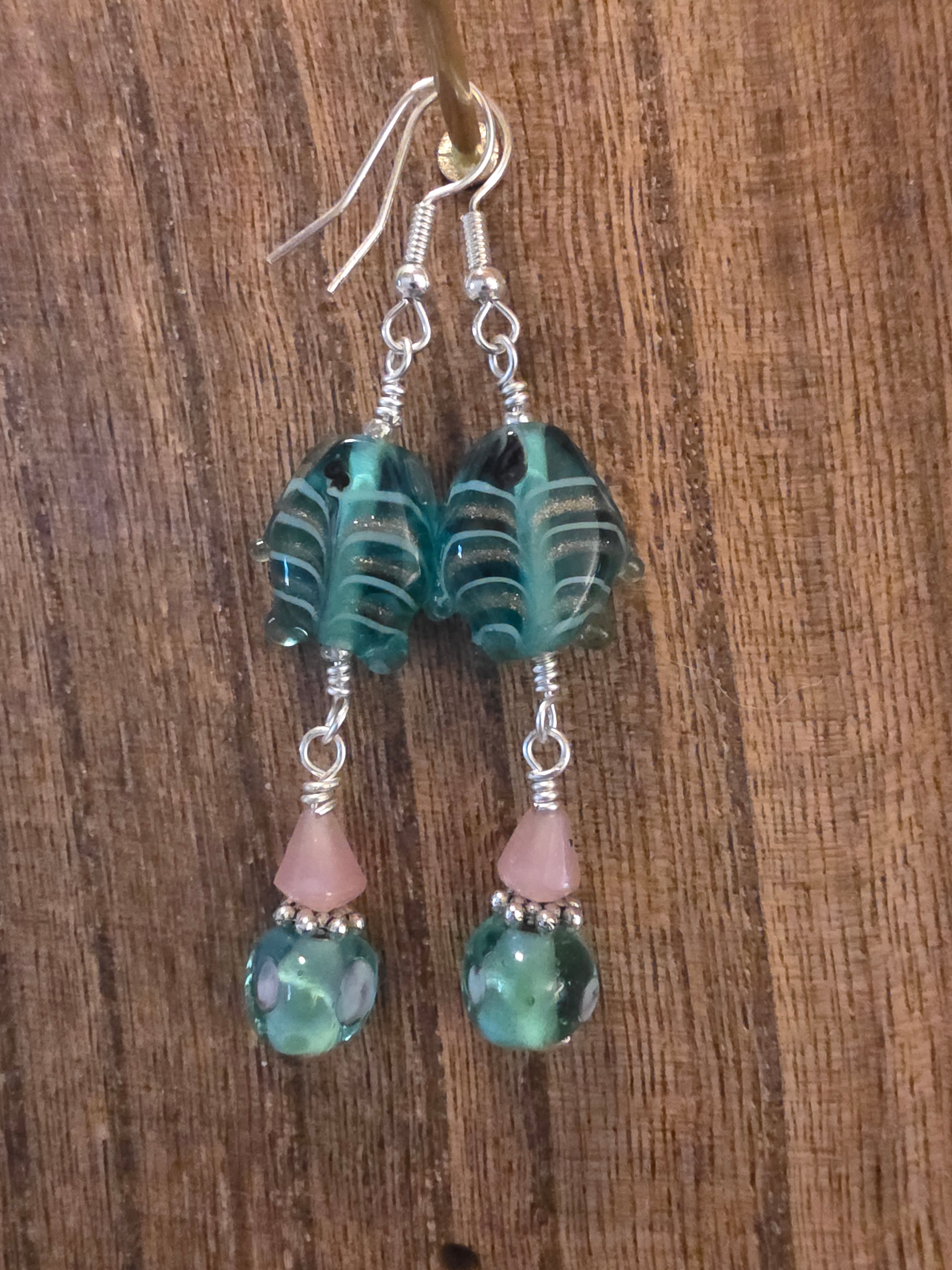 Vintage Artisan Glass Fish & India Glass Pink Bead Earrings