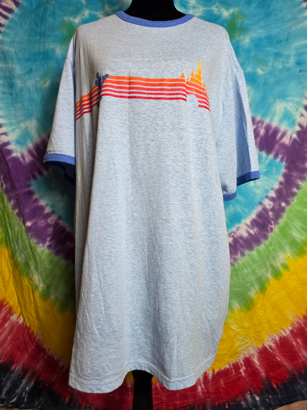 Disney Store XL Blue Ringer Tee Retro Rainbow Mickey Castle