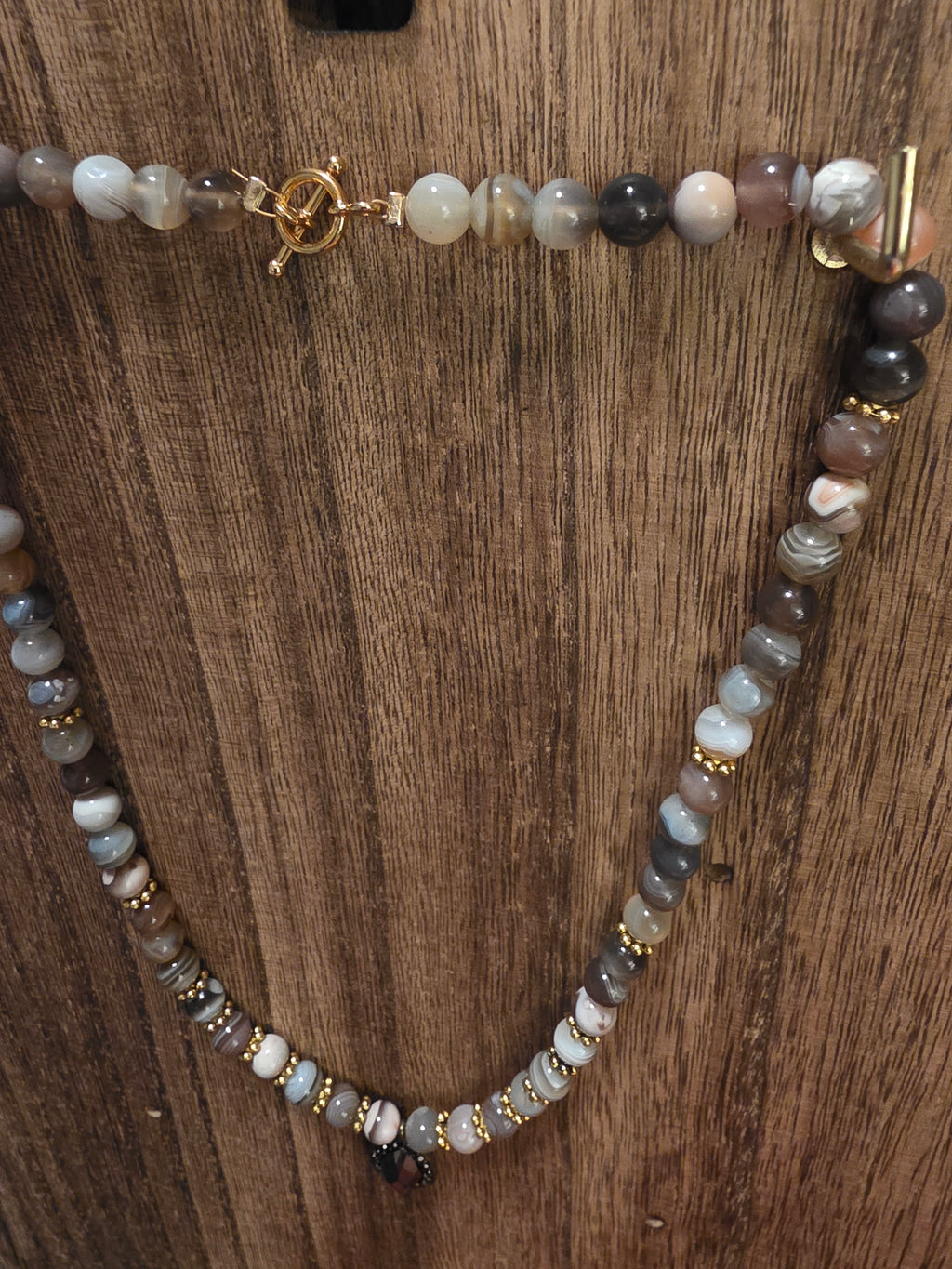 Botswana Agate W/ Black Crystal Pendant Necklace 18"