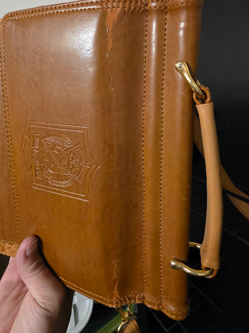 Vintage Belle Rose Warm Tan Leather Crest Crossbody Bag Briefcase