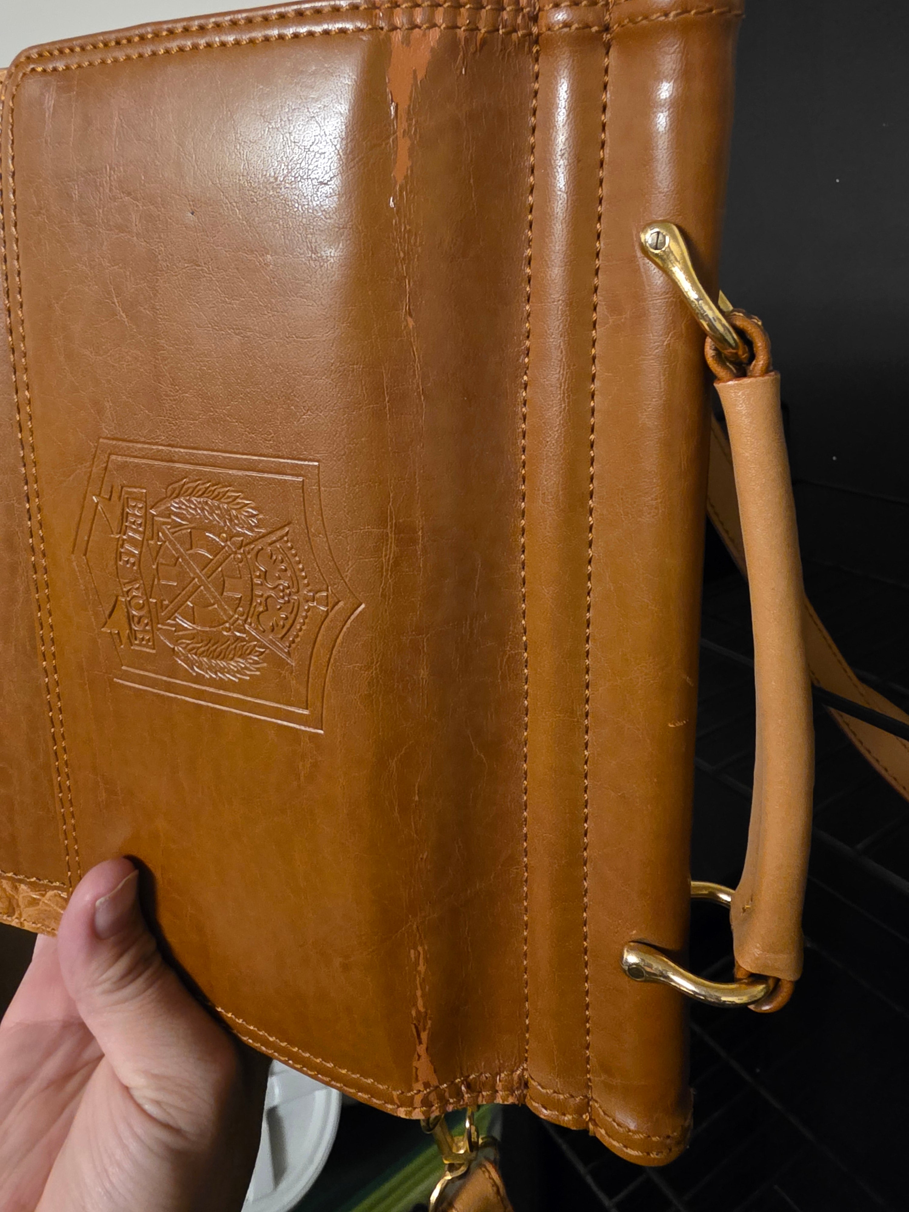 Vintage Belle Rose Warm Tan Leather Crest Crossbody Bag Briefcase