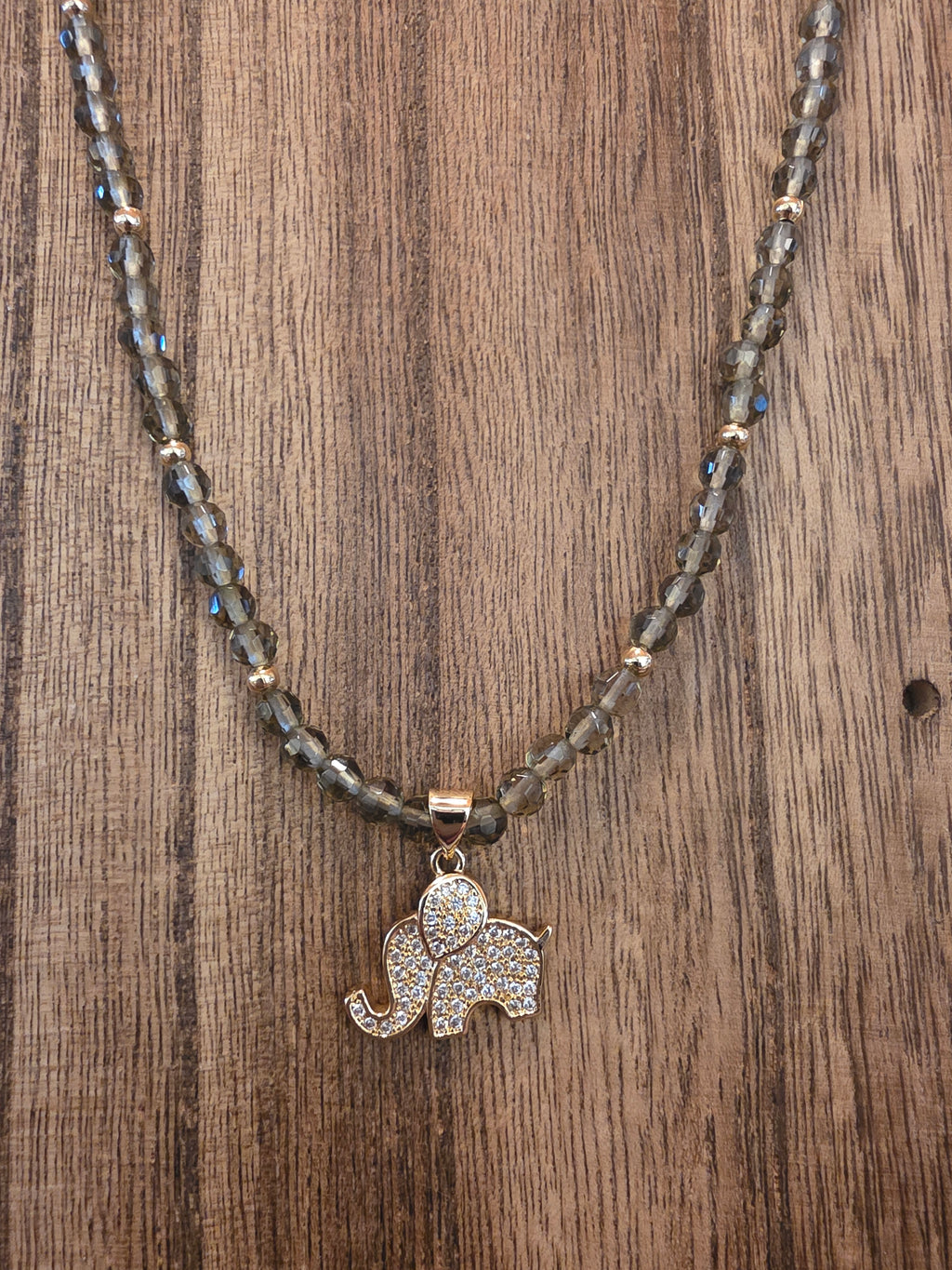 Smoky Quartz Elephant Necklace 18" + 2" Extension Gold Tone Pave