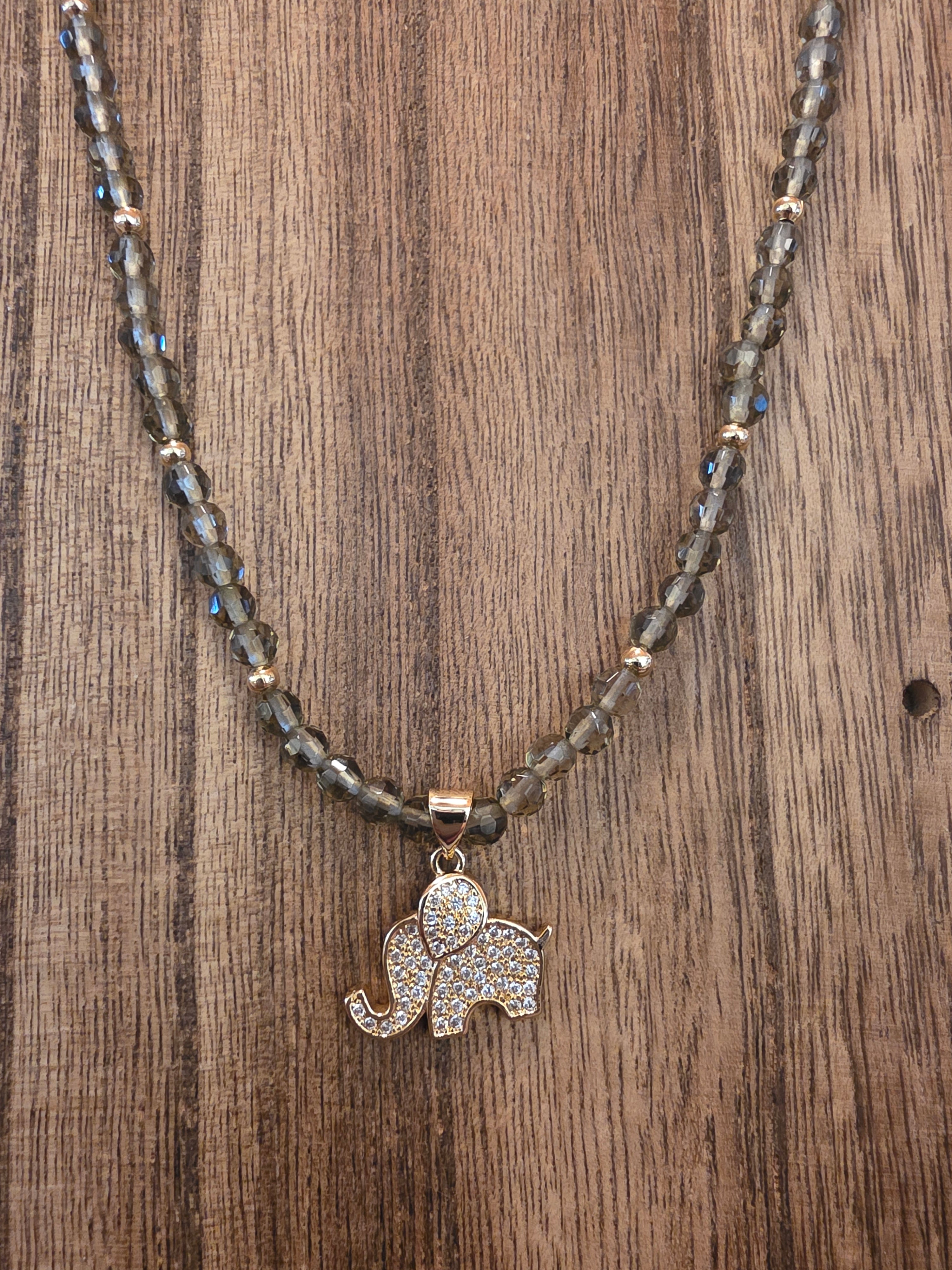 Smoky Quartz Elephant Necklace 18" + 2" Extension Gold Tone Pave