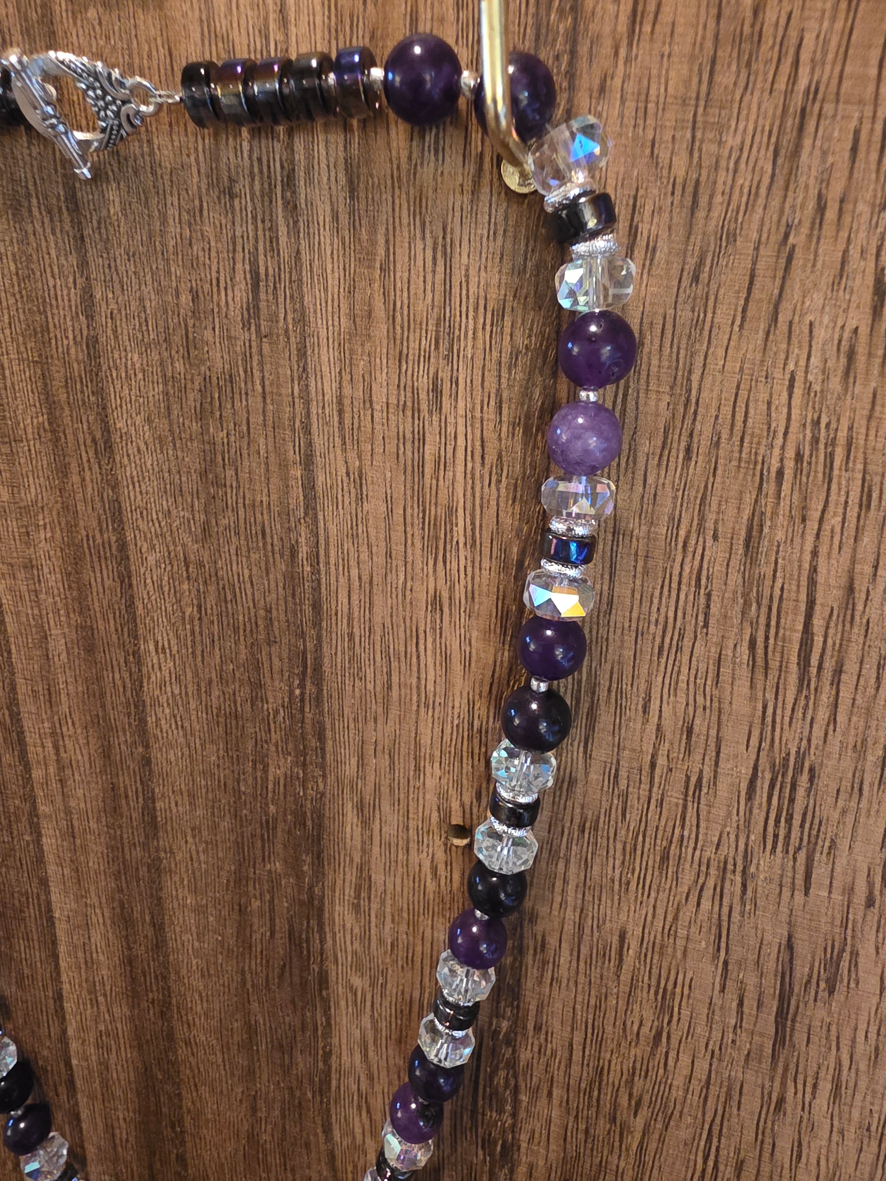 Moonstone Pendant Amethyst & Lavender Glass Beaded Necklace 22"