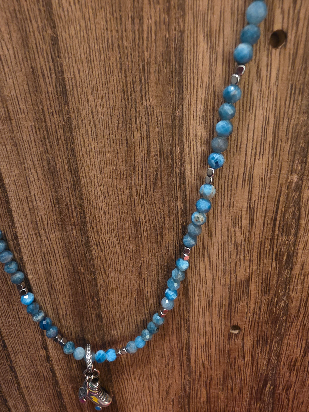 Handmade Azurite Beaded Necklace 19" Retro Roller Skate Charm Blue