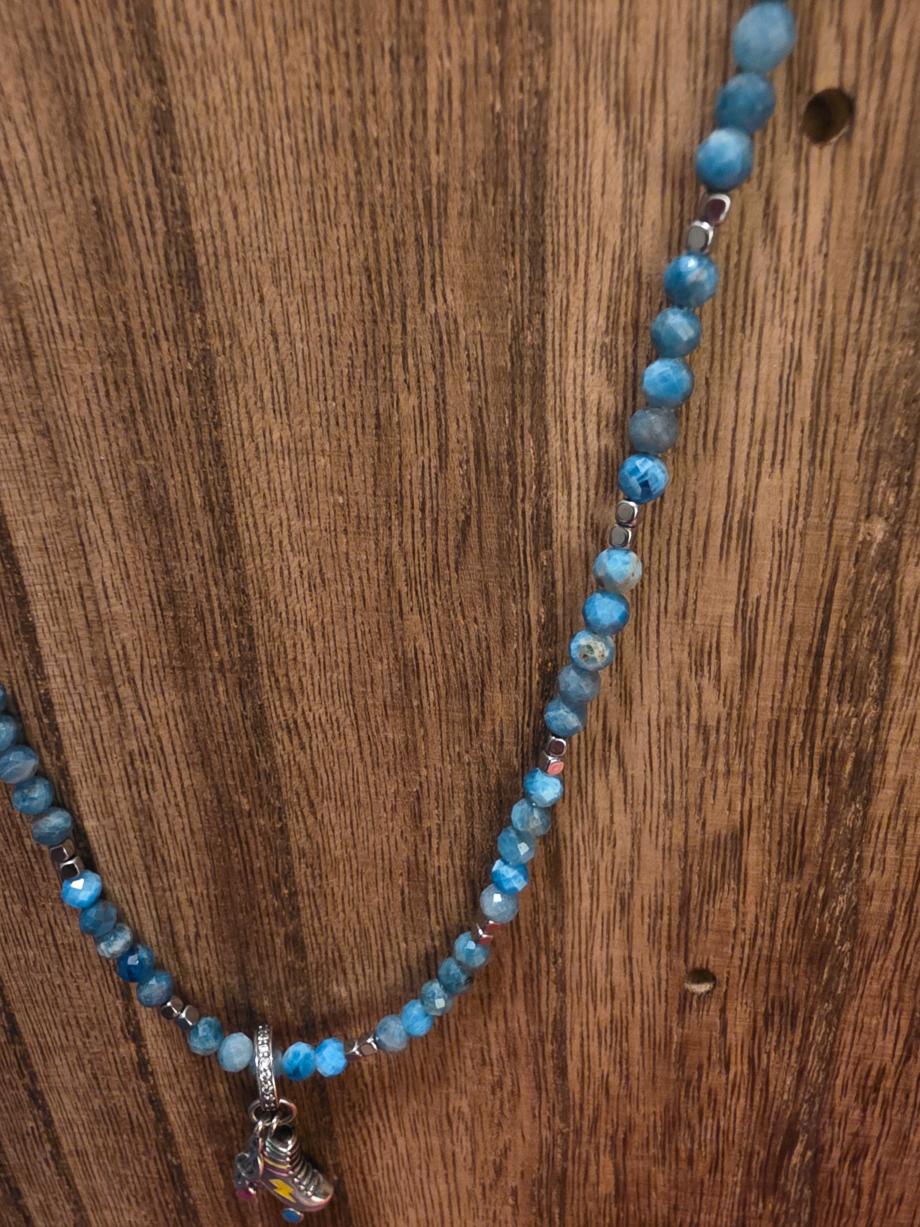 Handmade Azurite Beaded Necklace 19" Retro Roller Skate Charm Blue