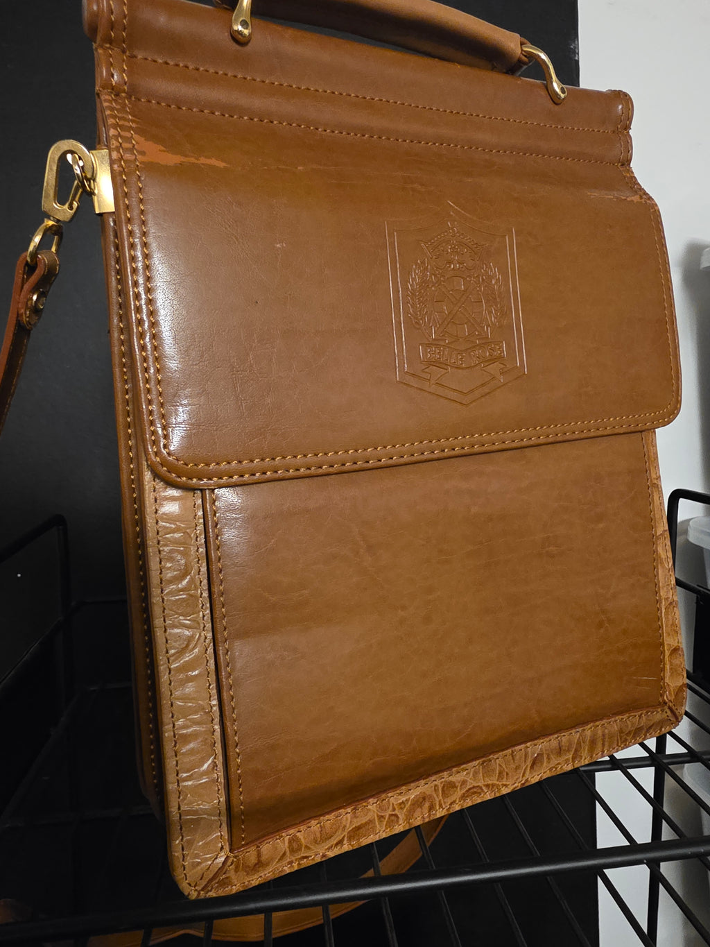 Vintage Belle Rose Warm Tan Leather Crest Crossbody Bag Briefcase