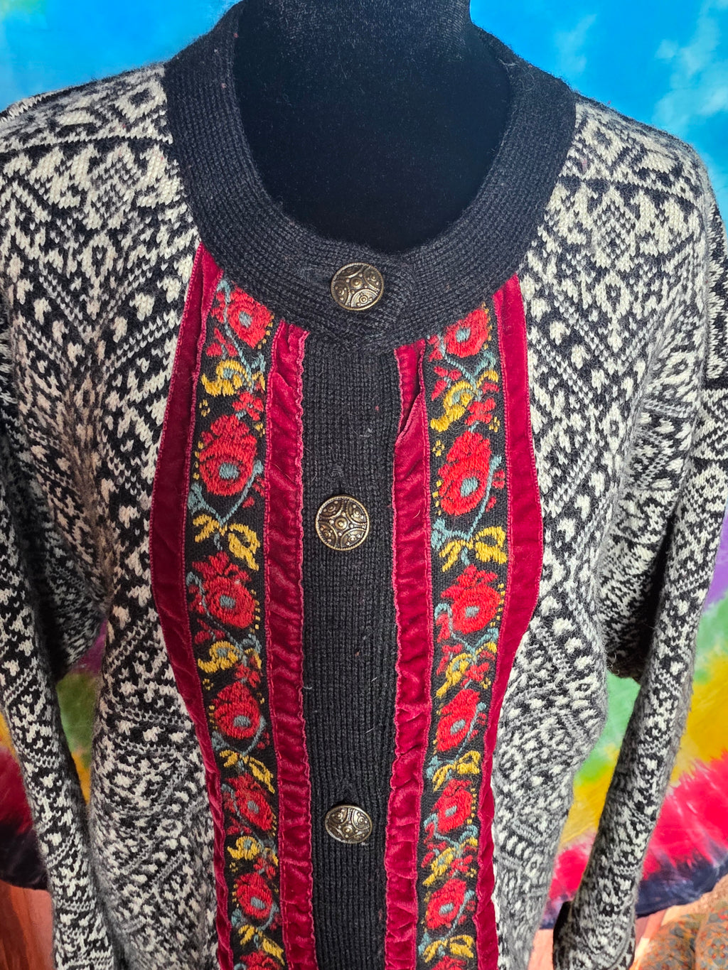 Vintage Norskwear Icelandic Pure Wool Cardigan Floral Trim L