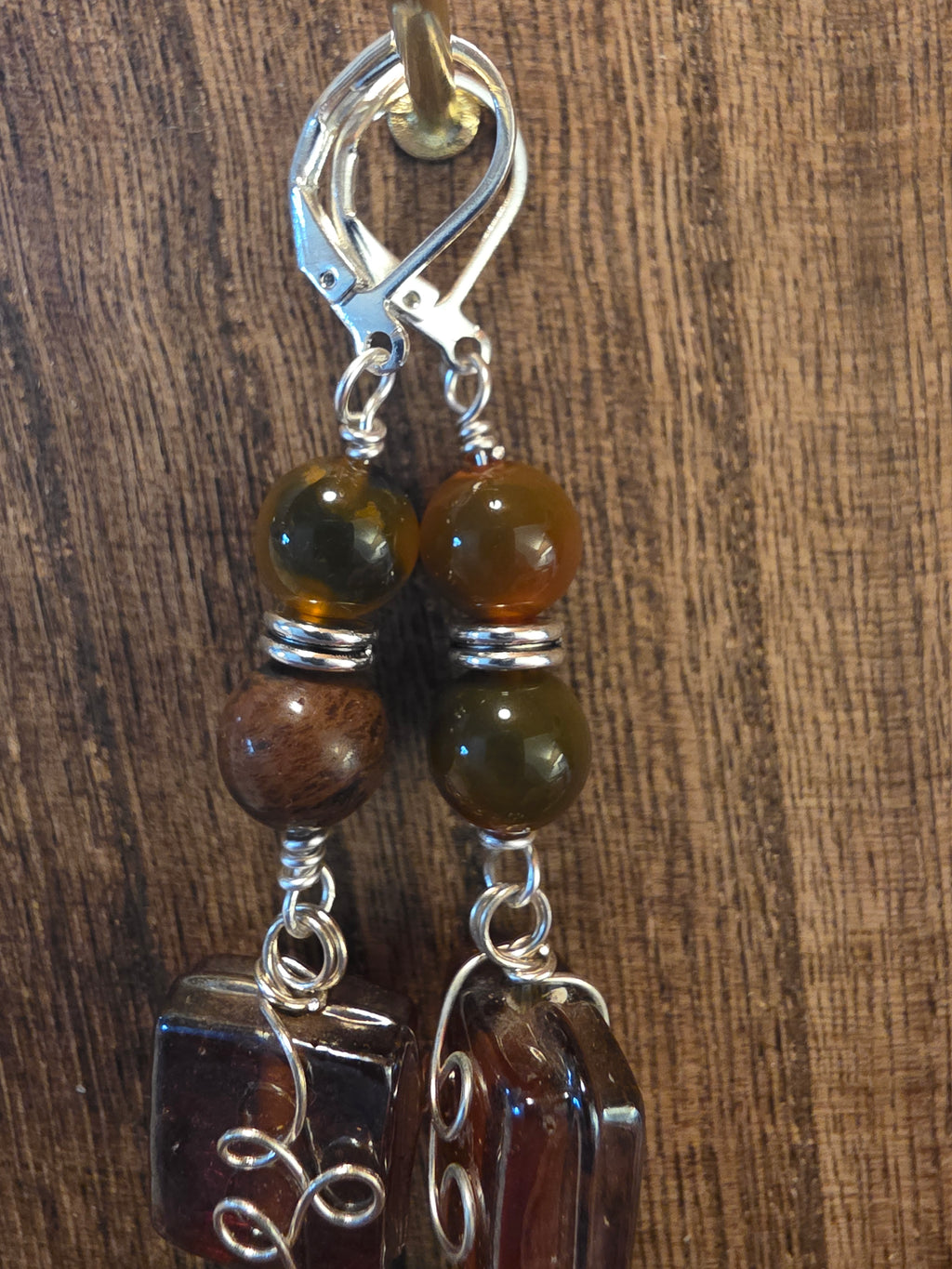 Boho Elephant Gemstone Dangle Earrings Wire Wrapped Glass