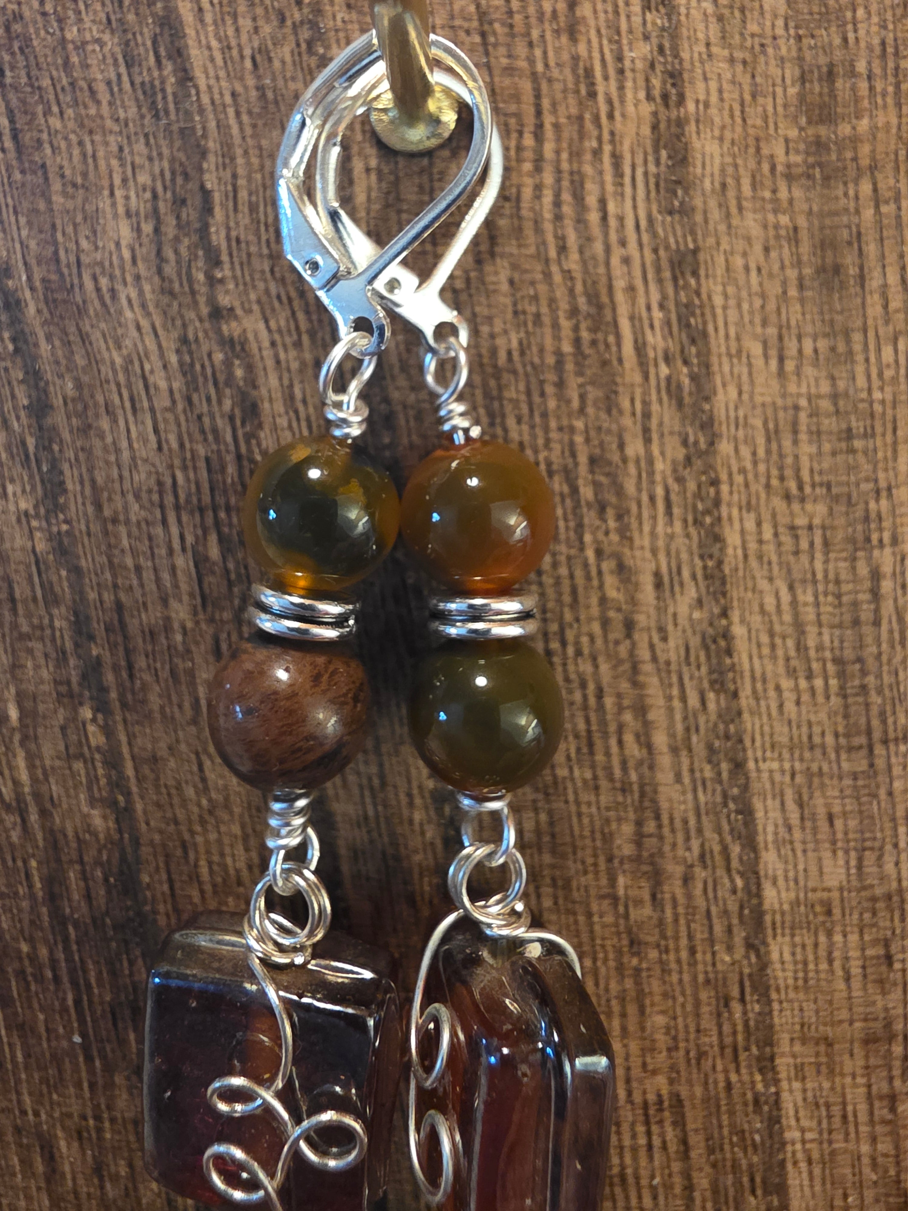 Boho Elephant Gemstone Dangle Earrings Wire Wrapped Glass
