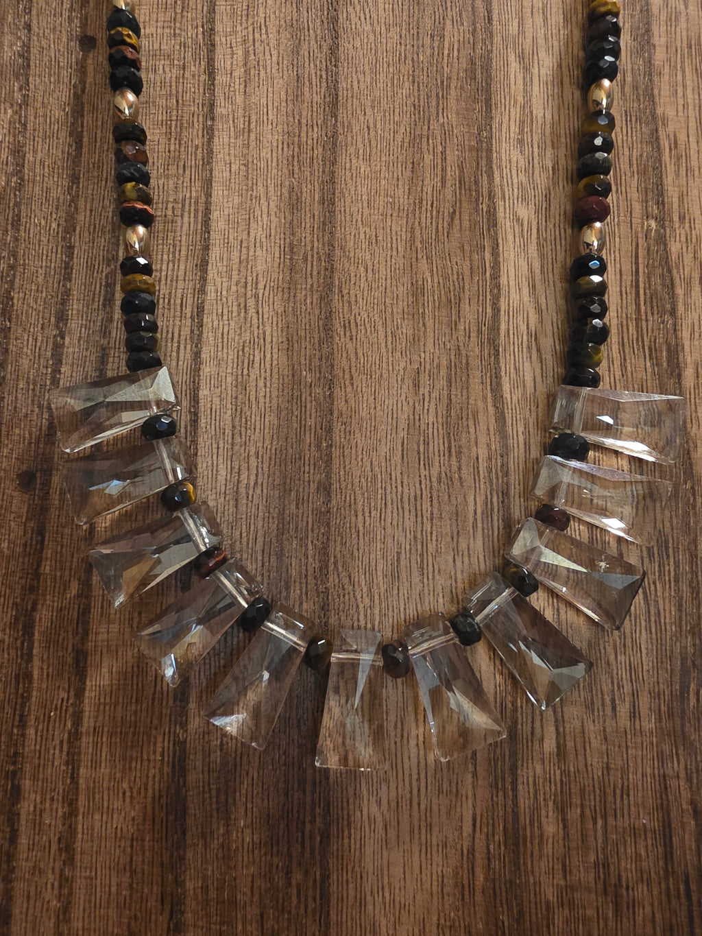 Tiger Eye & Crystal Fan Statement Necklace 20"-22" Boho