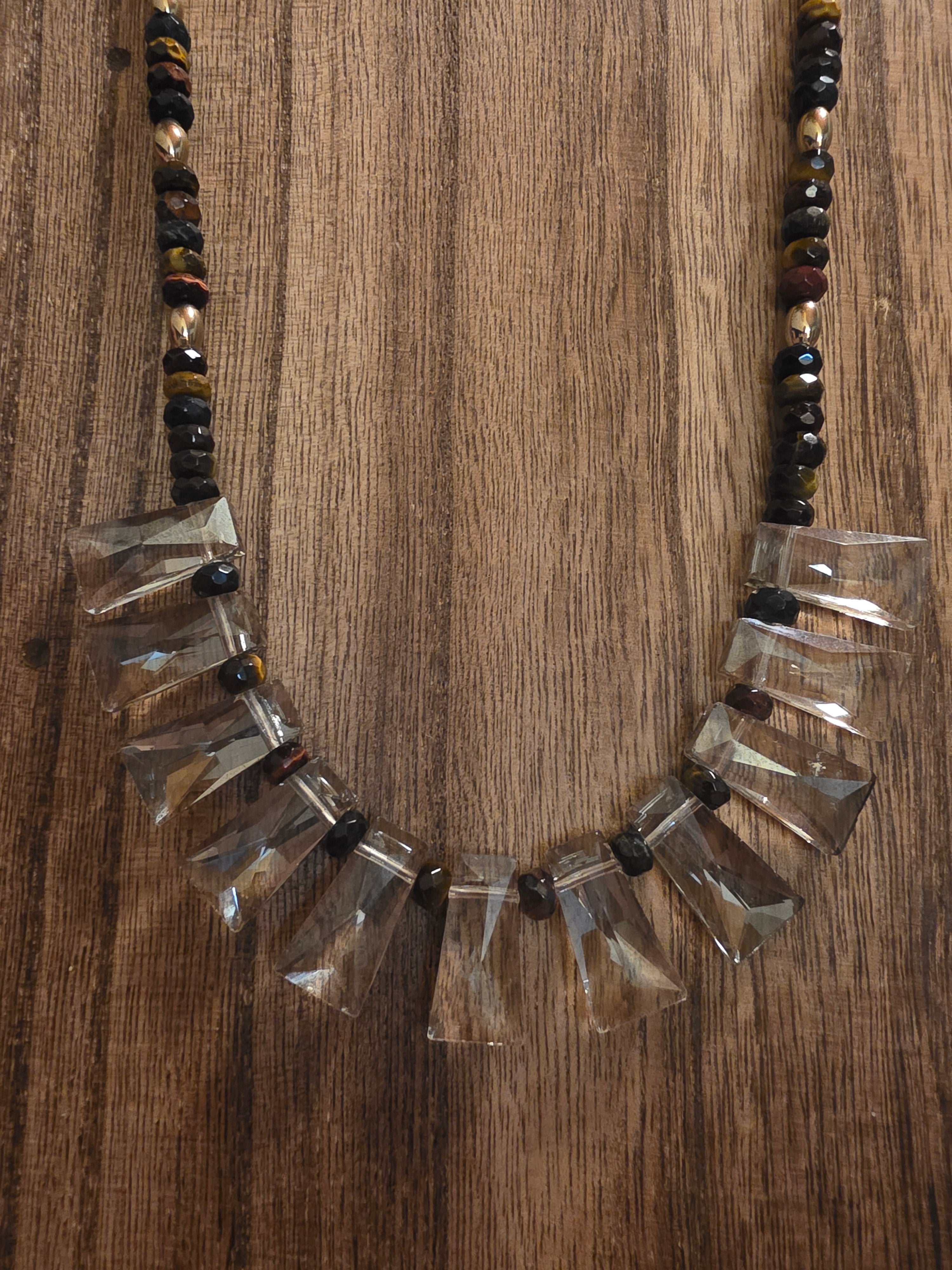Tiger Eye & Crystal Fan Statement Necklace 20"-22" Boho