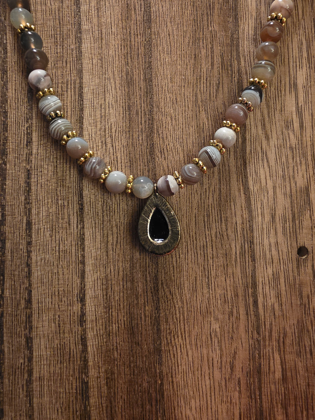Botswana Agate W/ Black Crystal Pendant Necklace 18"