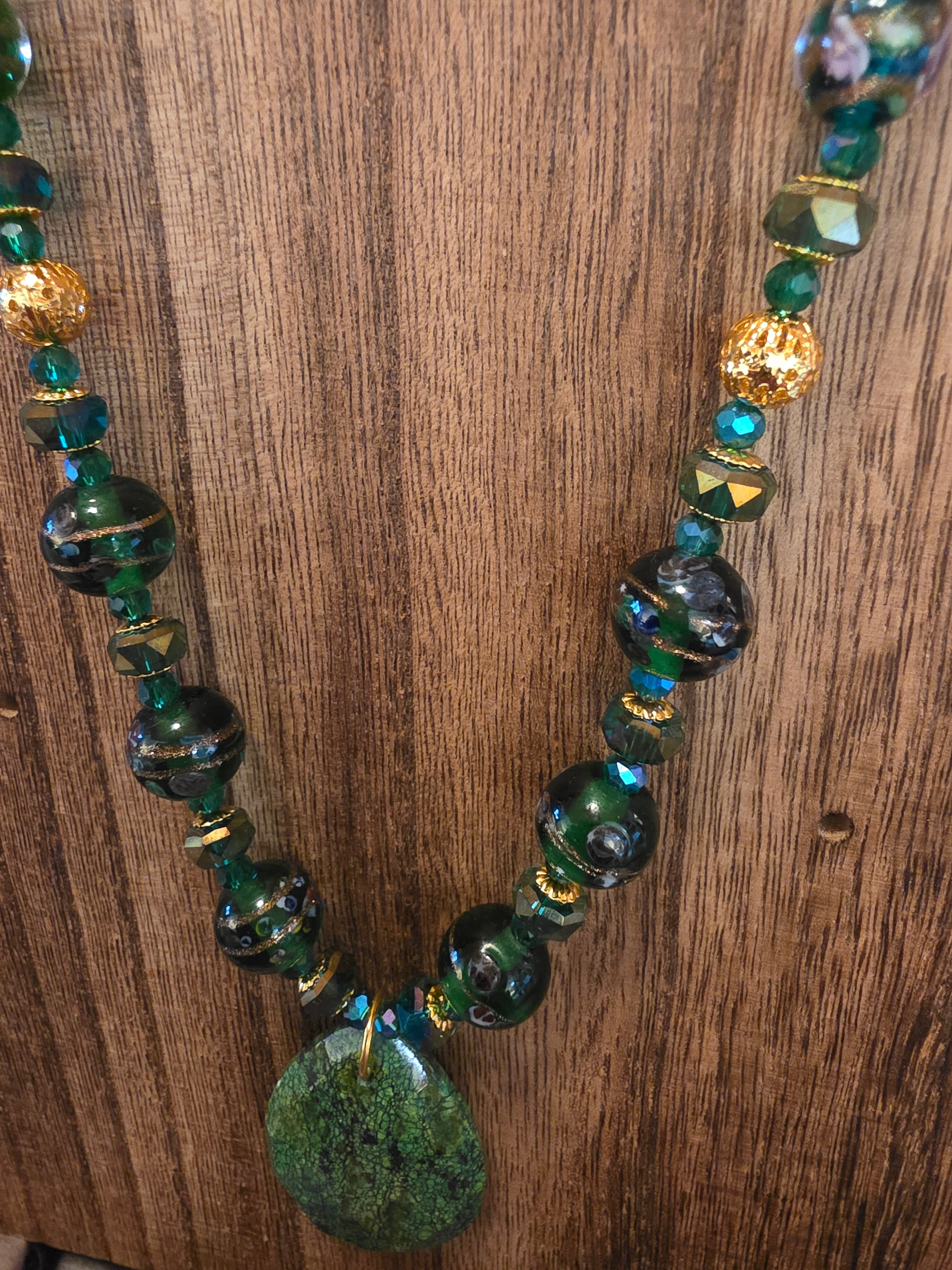 21" Vintage India Lampwork Green Jasper Teardrop Necklace