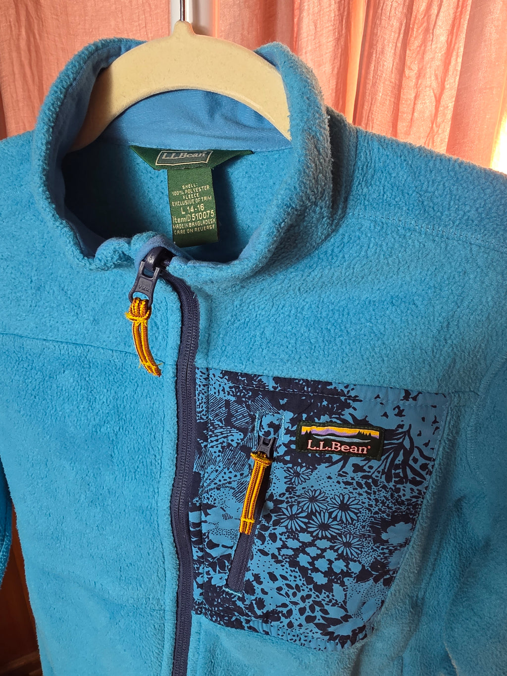 LL Bean Kids Fleece Full Zip Jacket Blue Floral Pocket Kids L