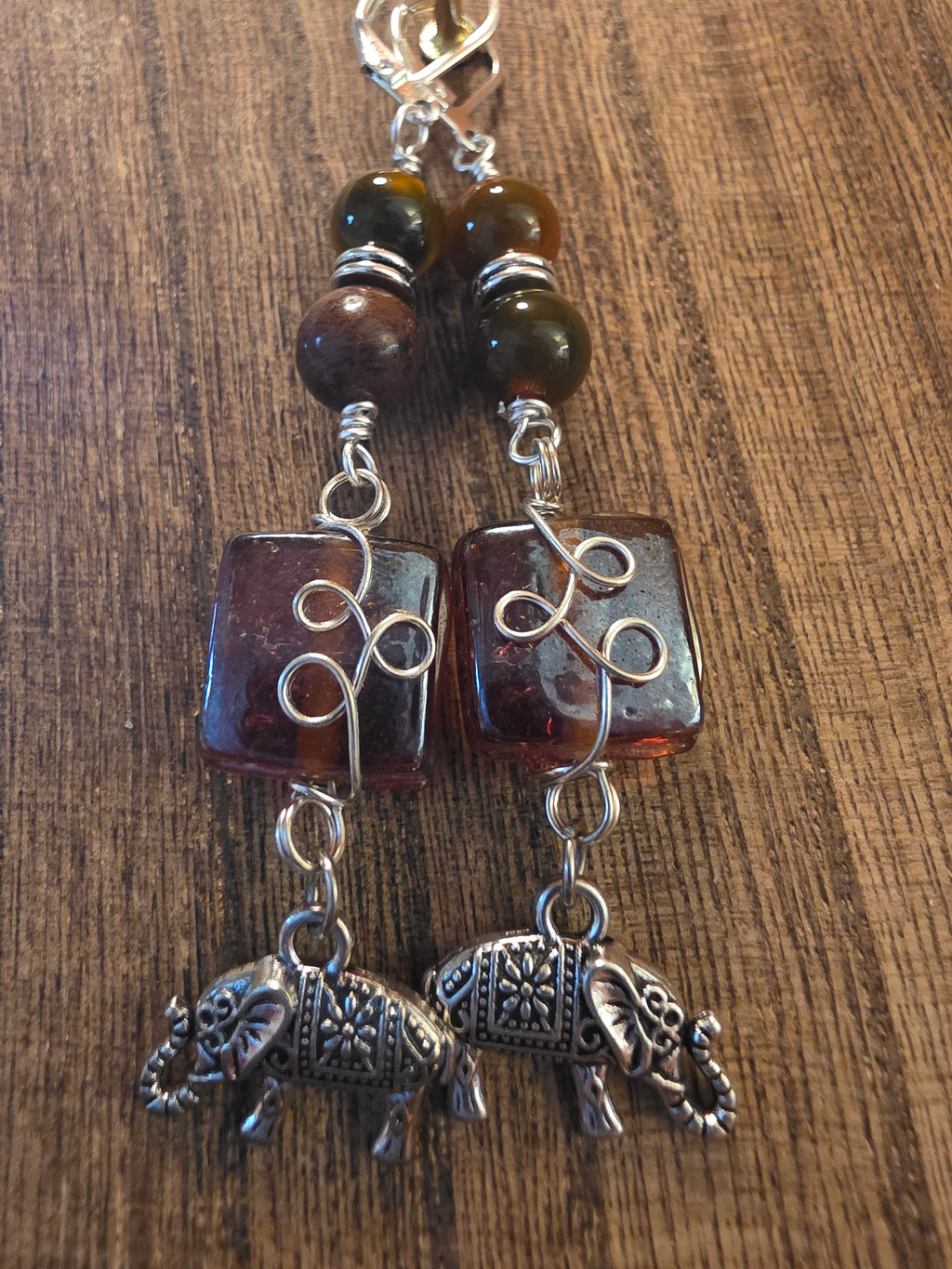 Boho Elephant Gemstone Dangle Earrings Wire Wrapped Glass