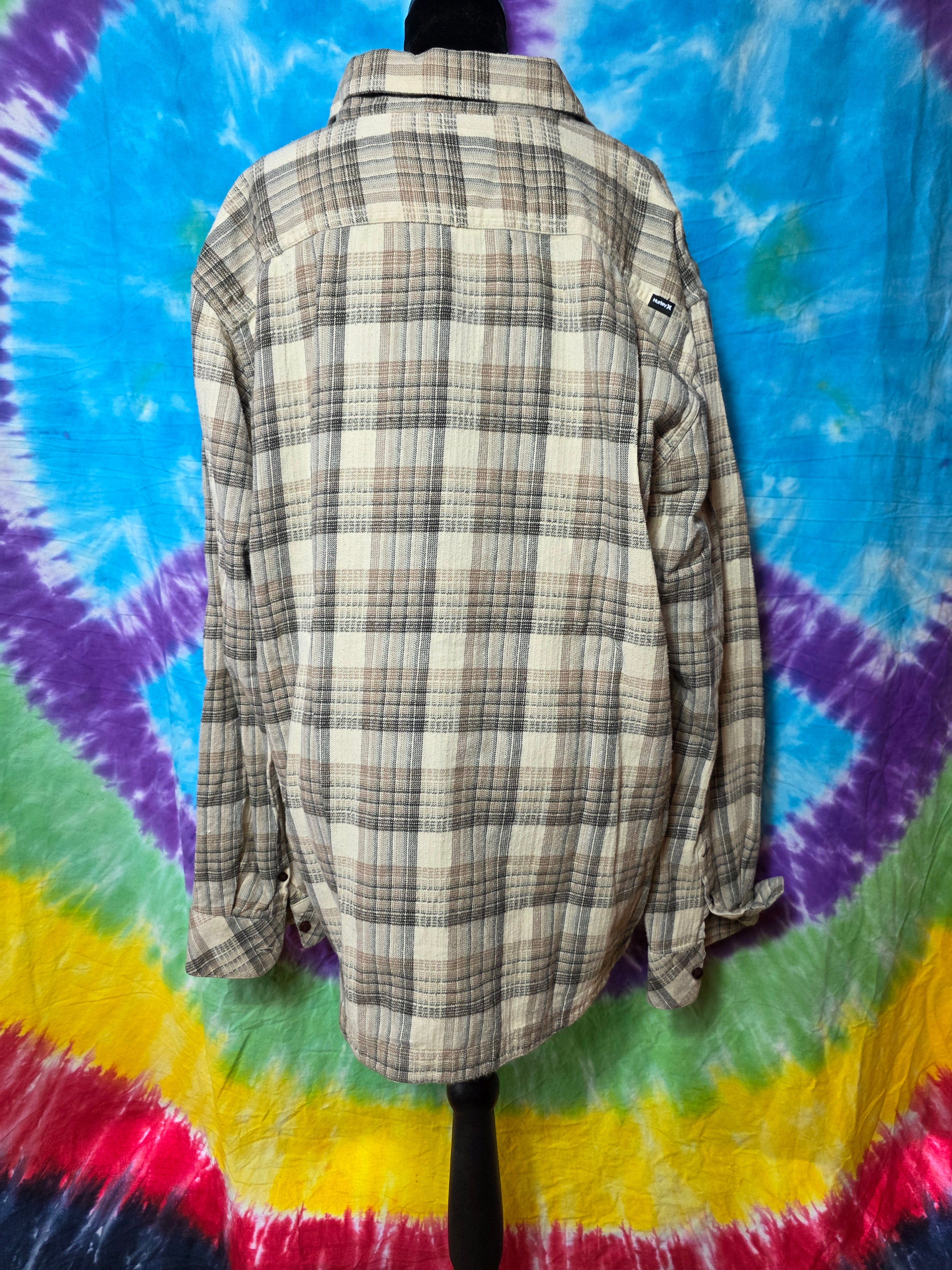 Hurley Men's XL Plaid Flannel Button Up Shirt Beige Brown