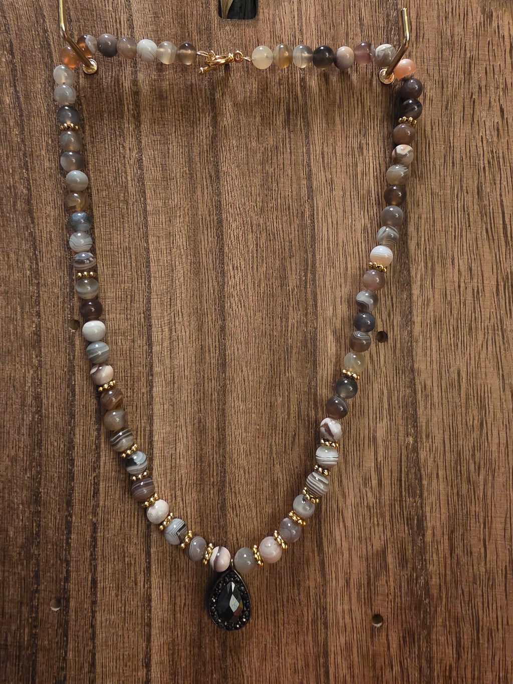 Botswana Agate W/ Black Crystal Pendant Necklace 18"