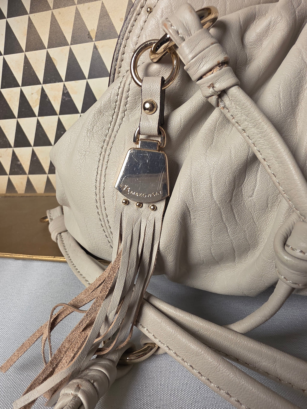 B. Makowsky Off White Leather Shoulder Bag Fringe Leopard