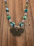 Green Lampwork Glass Moth Pendant Necklace 19" Czech Glass Floral