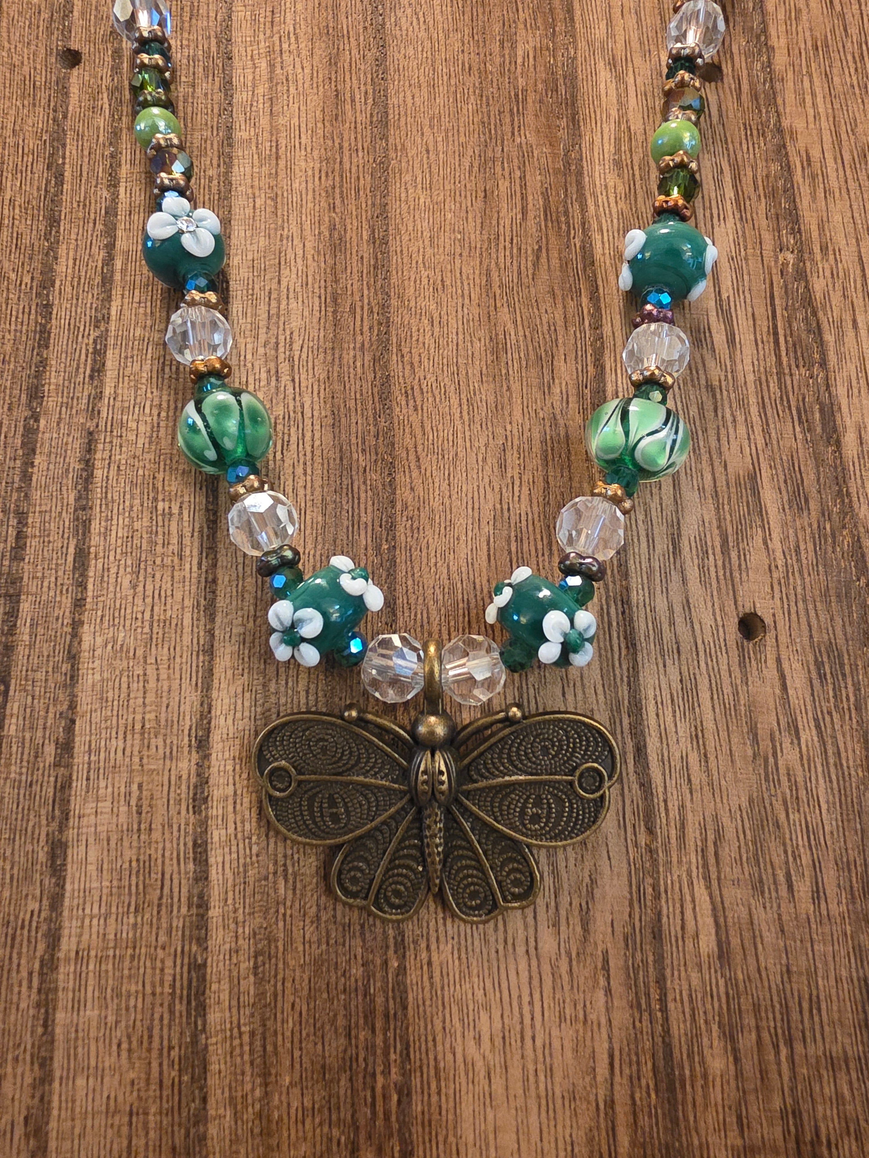 Green Lampwork Glass Moth Pendant Necklace 19" Czech Glass Floral