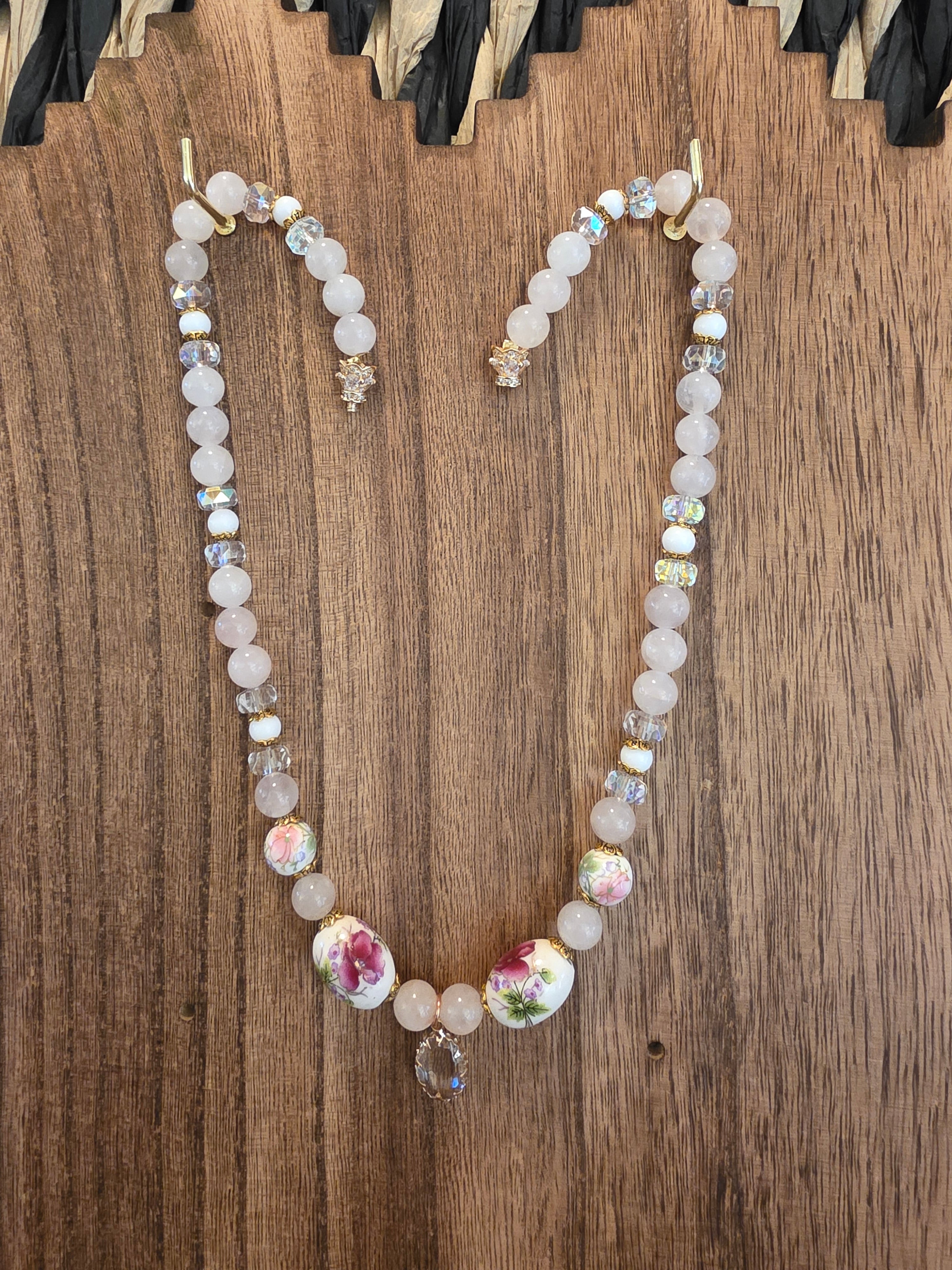 14k Gold Plated 19" Rose Quartz & Floral Porcelain Bead Necklace