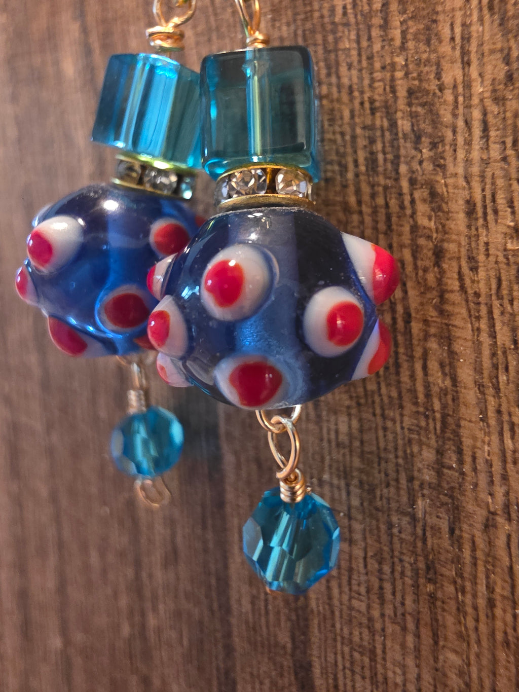 Vibrant Artisan Blue Red Lampwork Glass Dangle Earrings