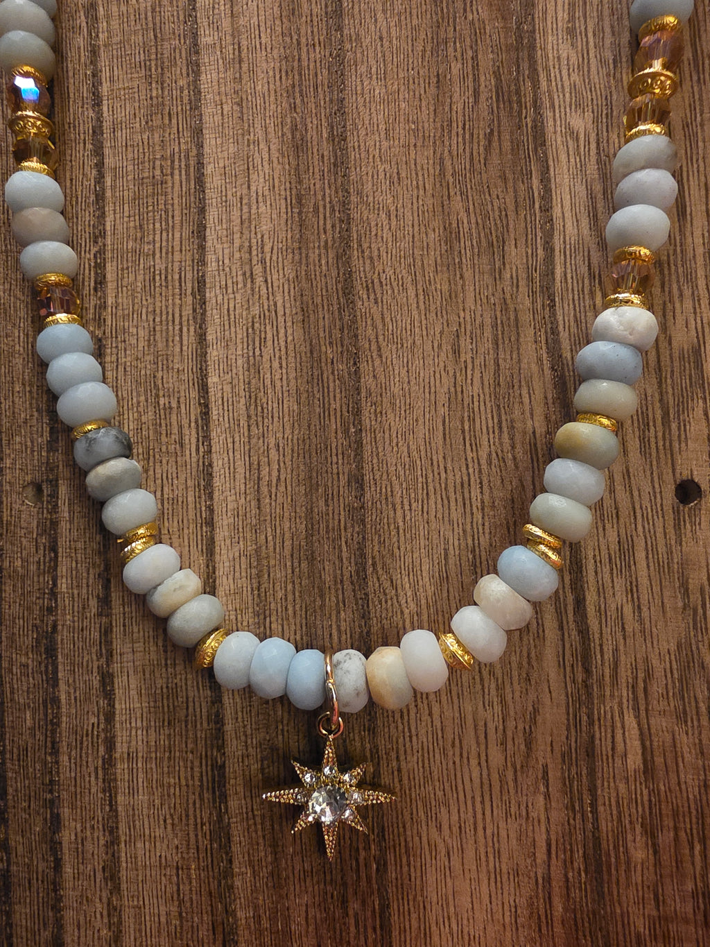 Celestial Amazonite & Star Crystal Beaded Necklace 21" - Handmade