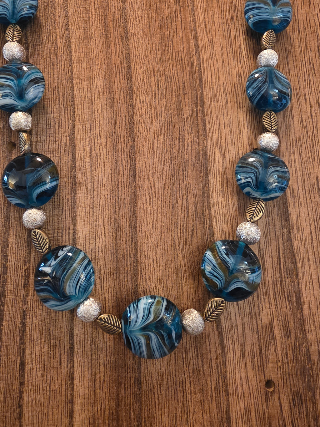 Blue Swirl Art Glass Beaded Necklace 18" Bronze Leaf Accents