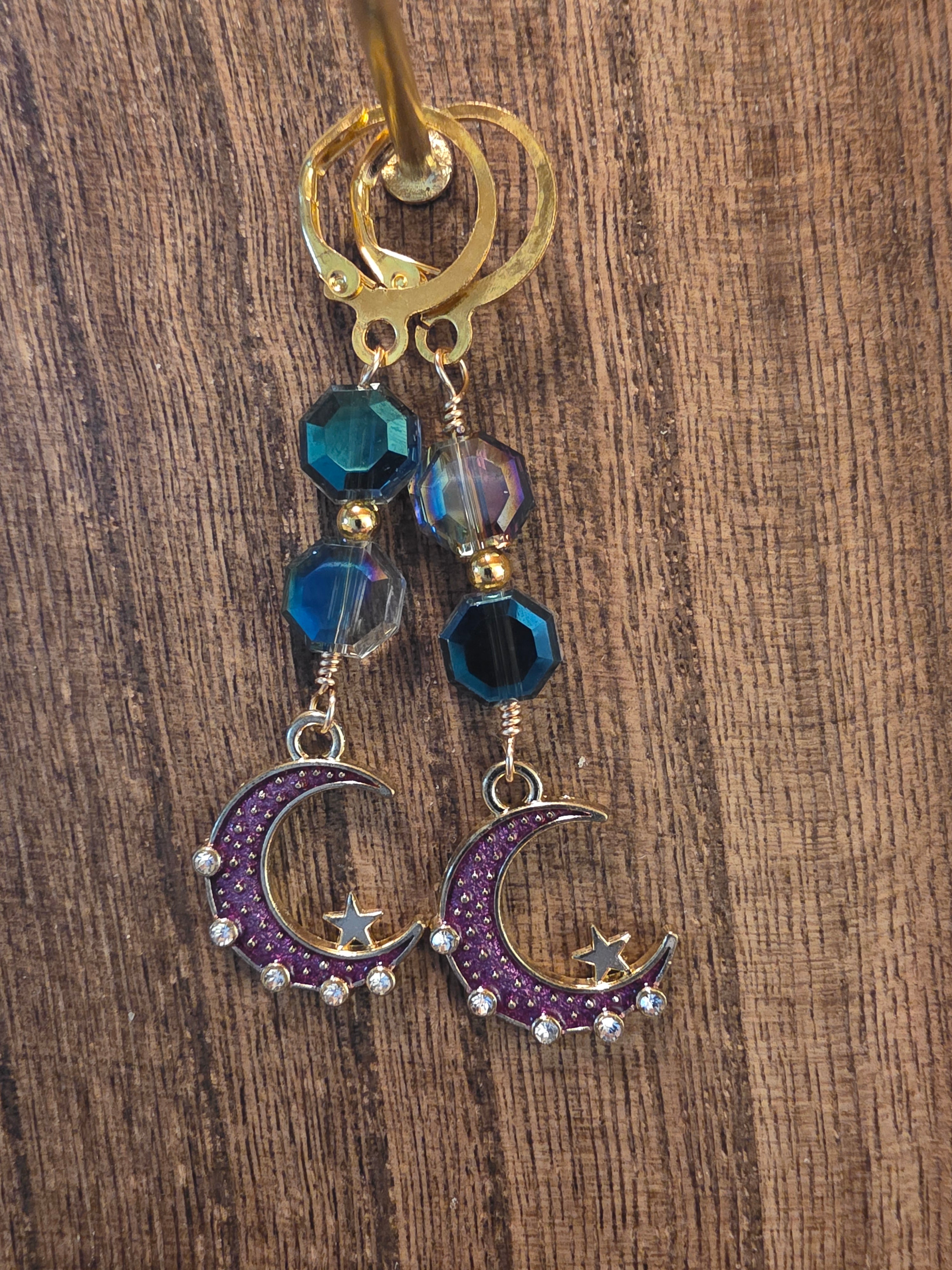 Celestial Purple Crescent Moon & Iridescent Crystal Earrings